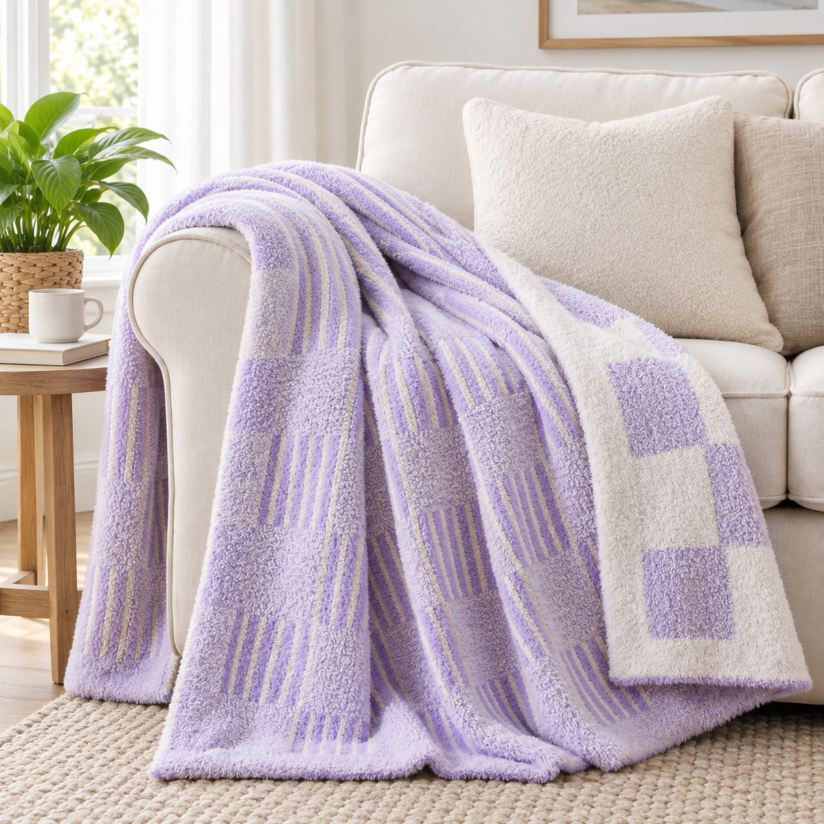 Lavimera two color throw blanket for couch draped open over a sofa in a bright living room