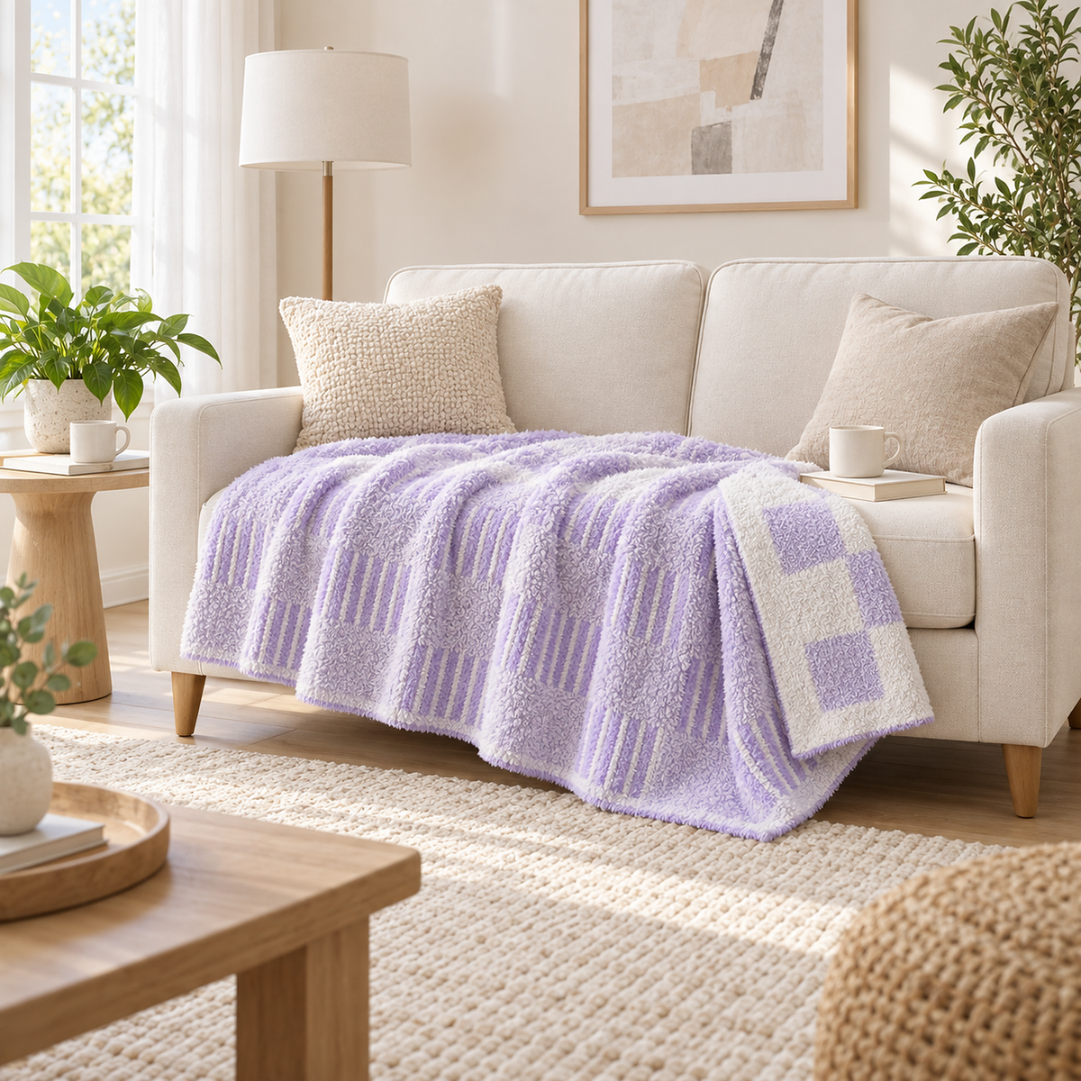 Lavimera heather cream throw blanket for couch loosely spread in a bright living room beside a book and a mug