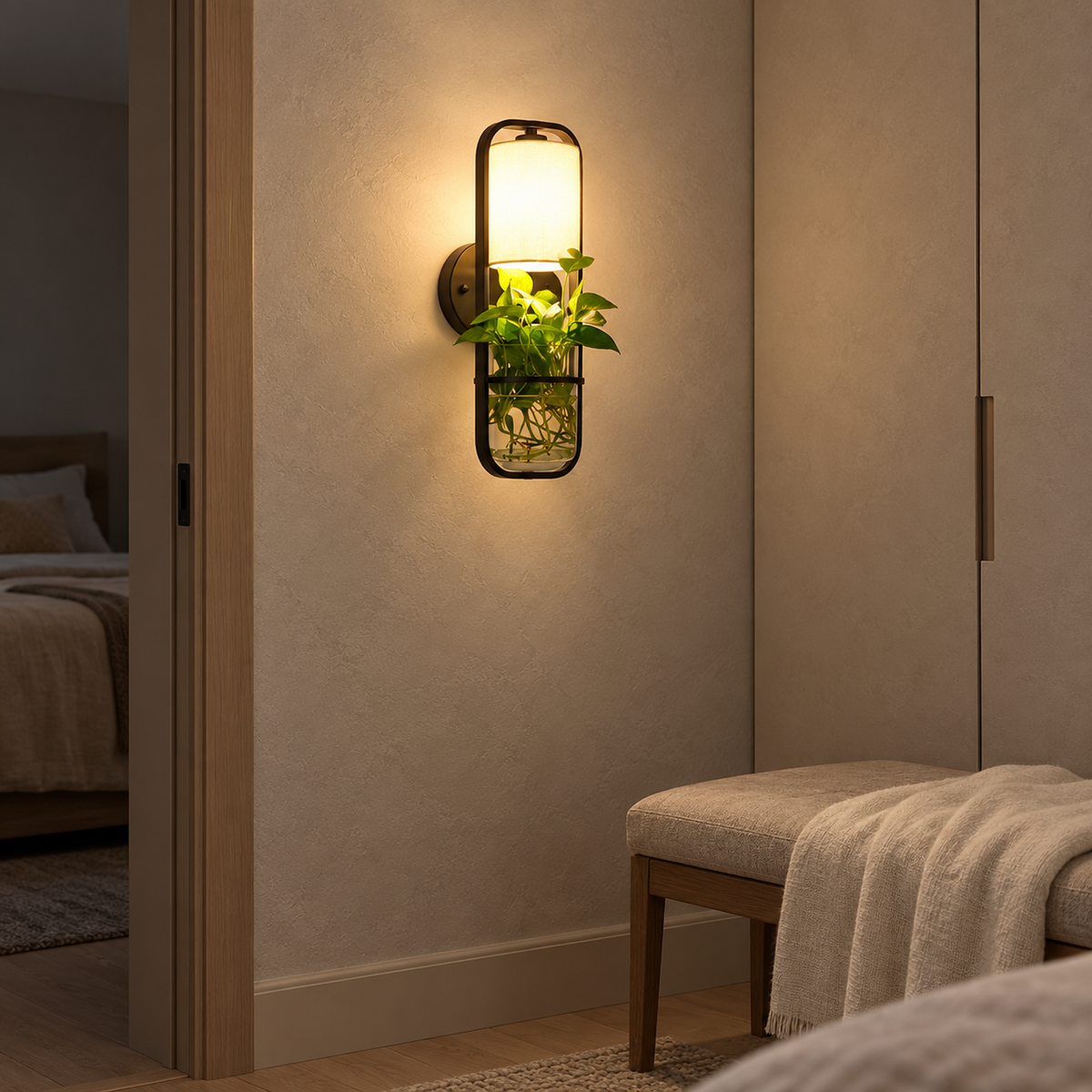 Lavirelo black bedside wall light lit between a bedroom door frame and wardrobe