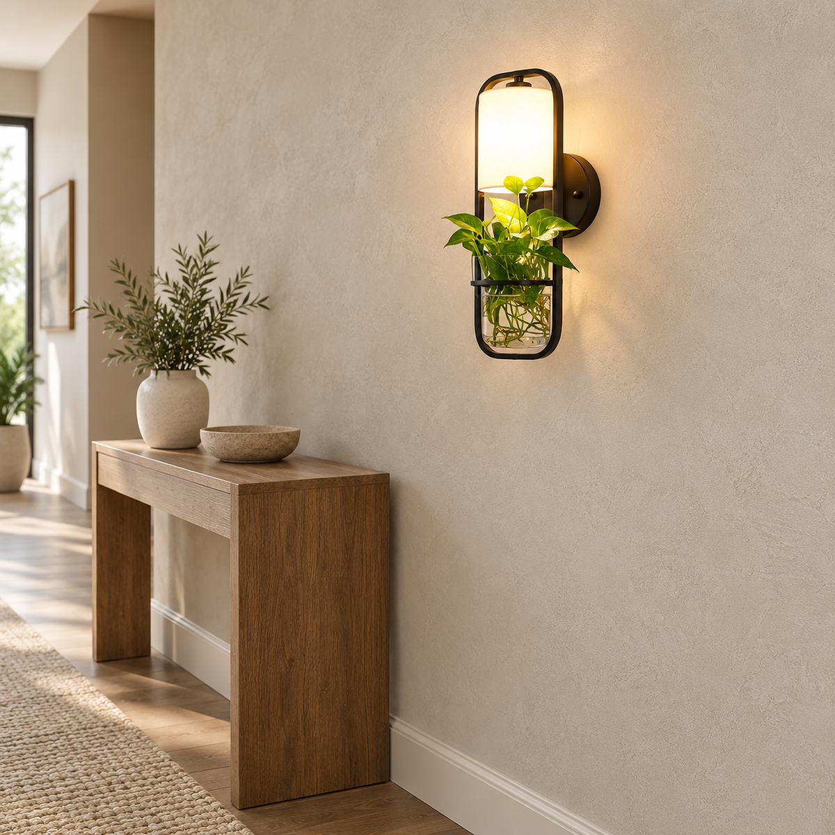 Lavirelo black hardwired wall light glowing on an uninterrupted stretch of hallway plaster