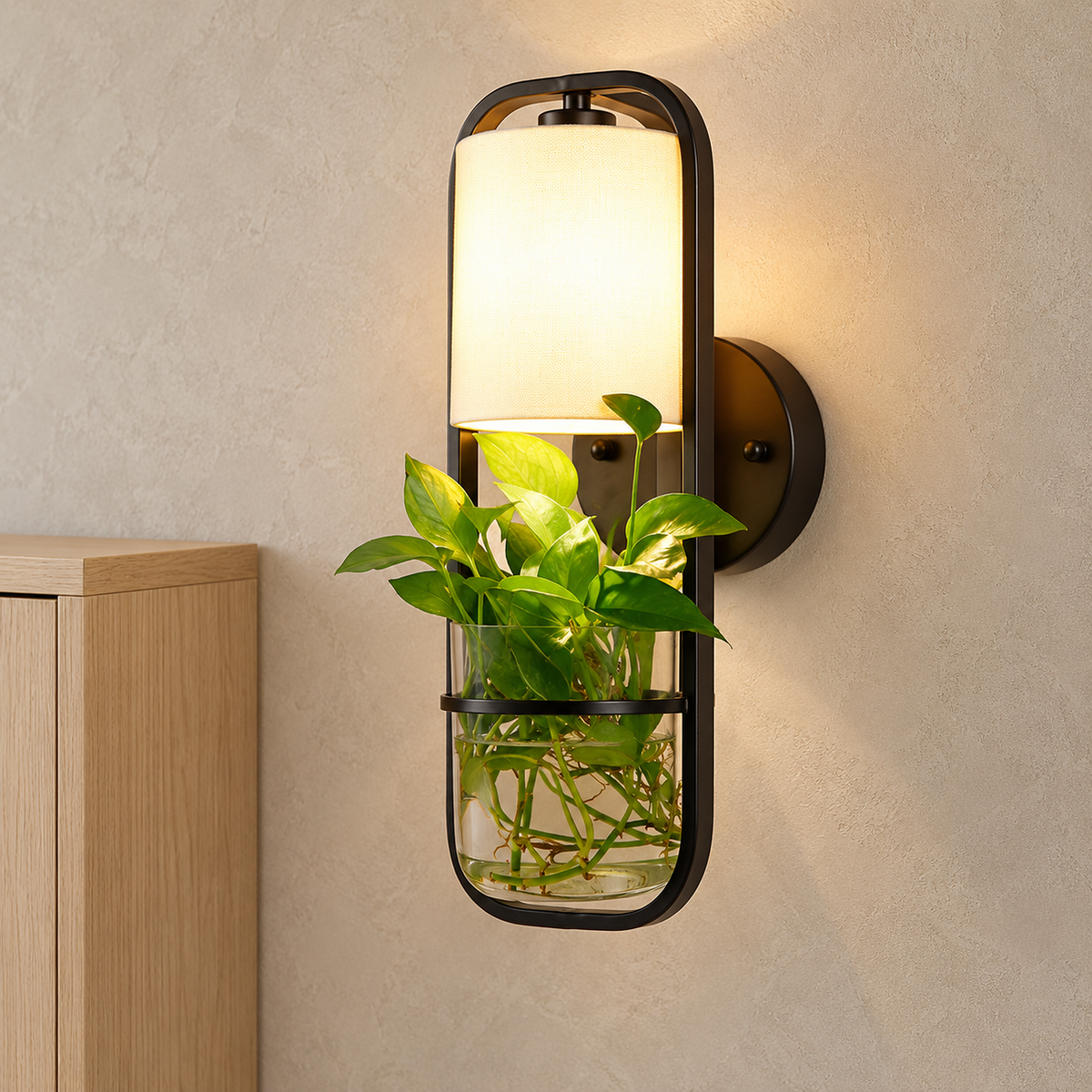 Lavirelo black hardwired wall sconce lit above greenery beside an entryway cabinet in daylight