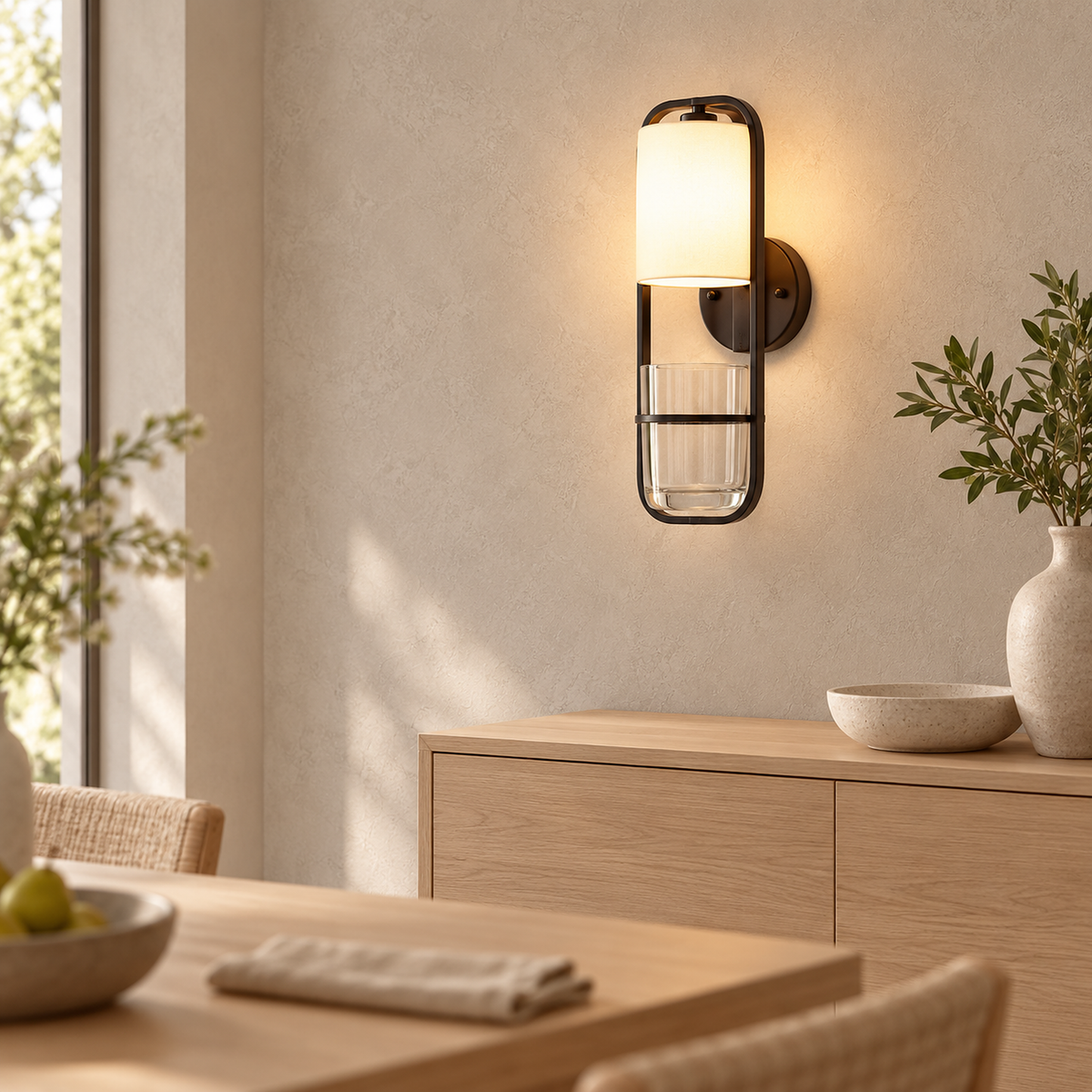 Lavirelo black wall sconce lit in a dining room, showing its empty plant container up close