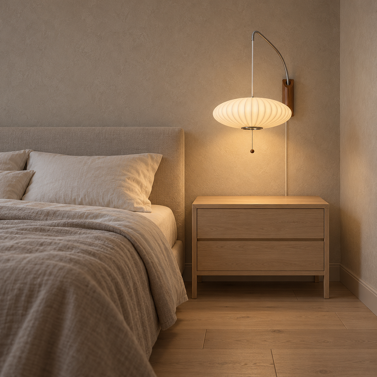 Lavomel chrome and walnut tone bedside wall light lit above a clear nightstand in a bedroom
