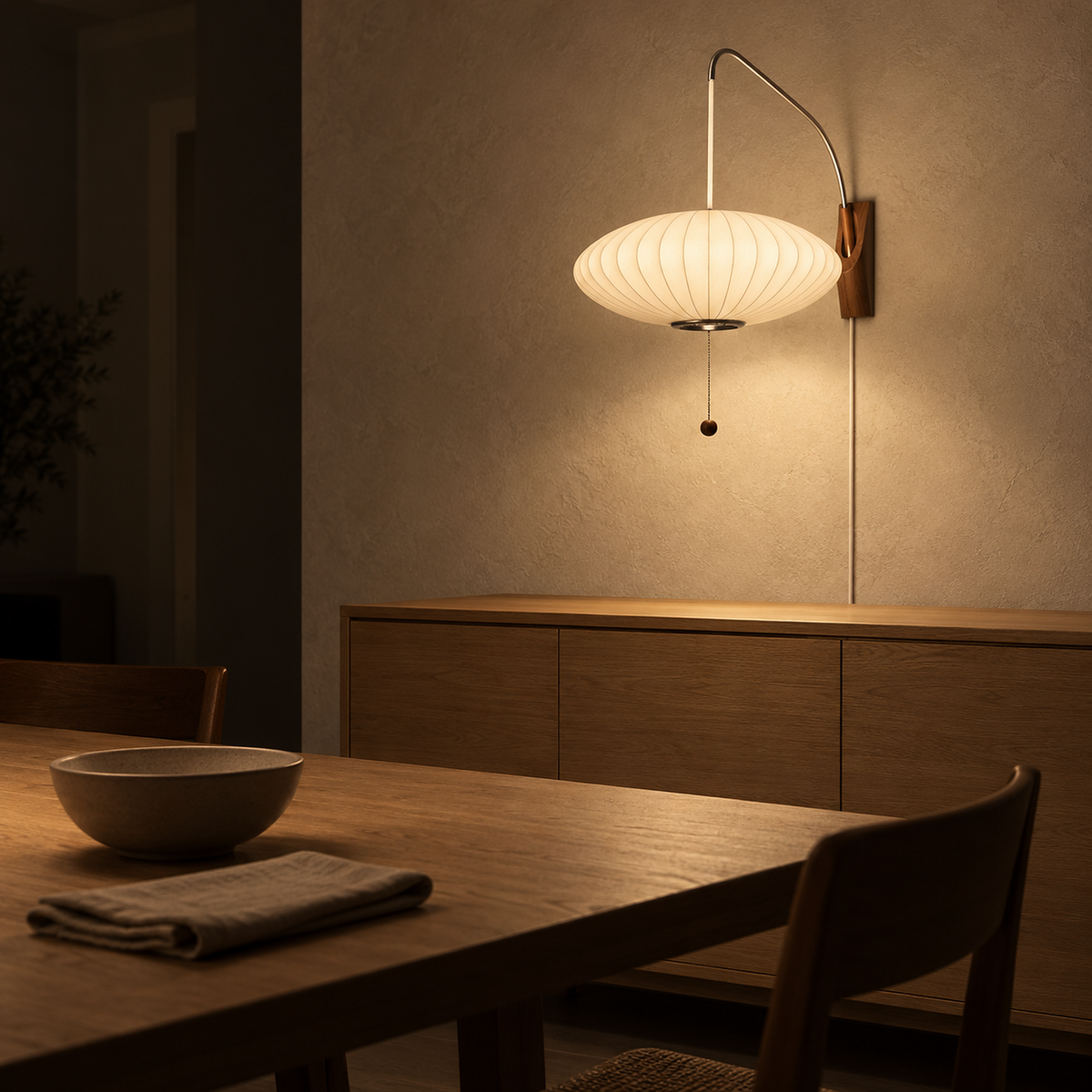 Lavomel chrome and walnut tone plug in led wall sconce glowing across a dining room at night