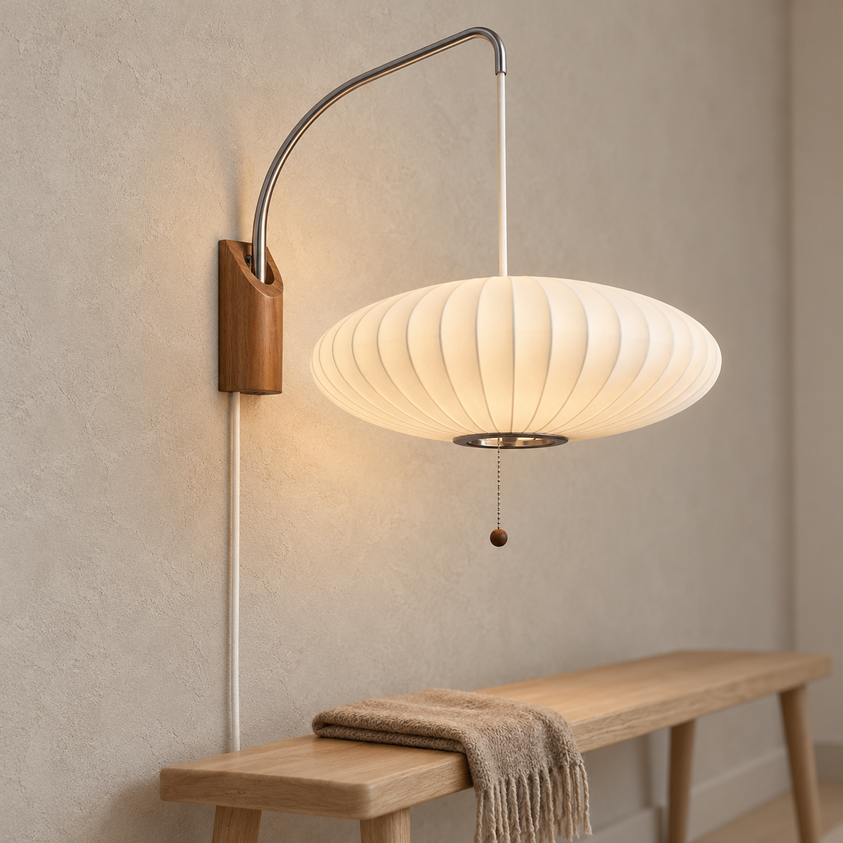 Lavomel chrome and walnut tone plug in wall sconce detail of the wood wall bracket, chrome arm and cord