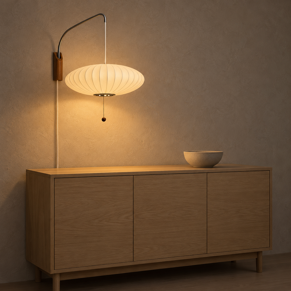 Lavomel chrome and walnut tone wall lamp with a broad ribbed shade lit above a dining room sideboard