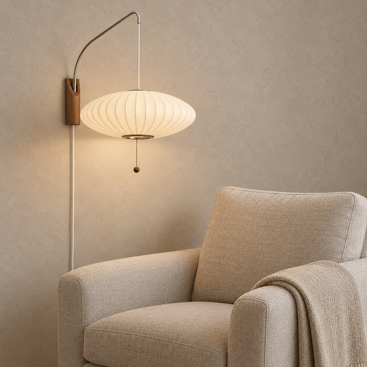 Lavomel chrome and walnut tone wall sconce with its fabric shade suspended beneath the bent chrome arm
