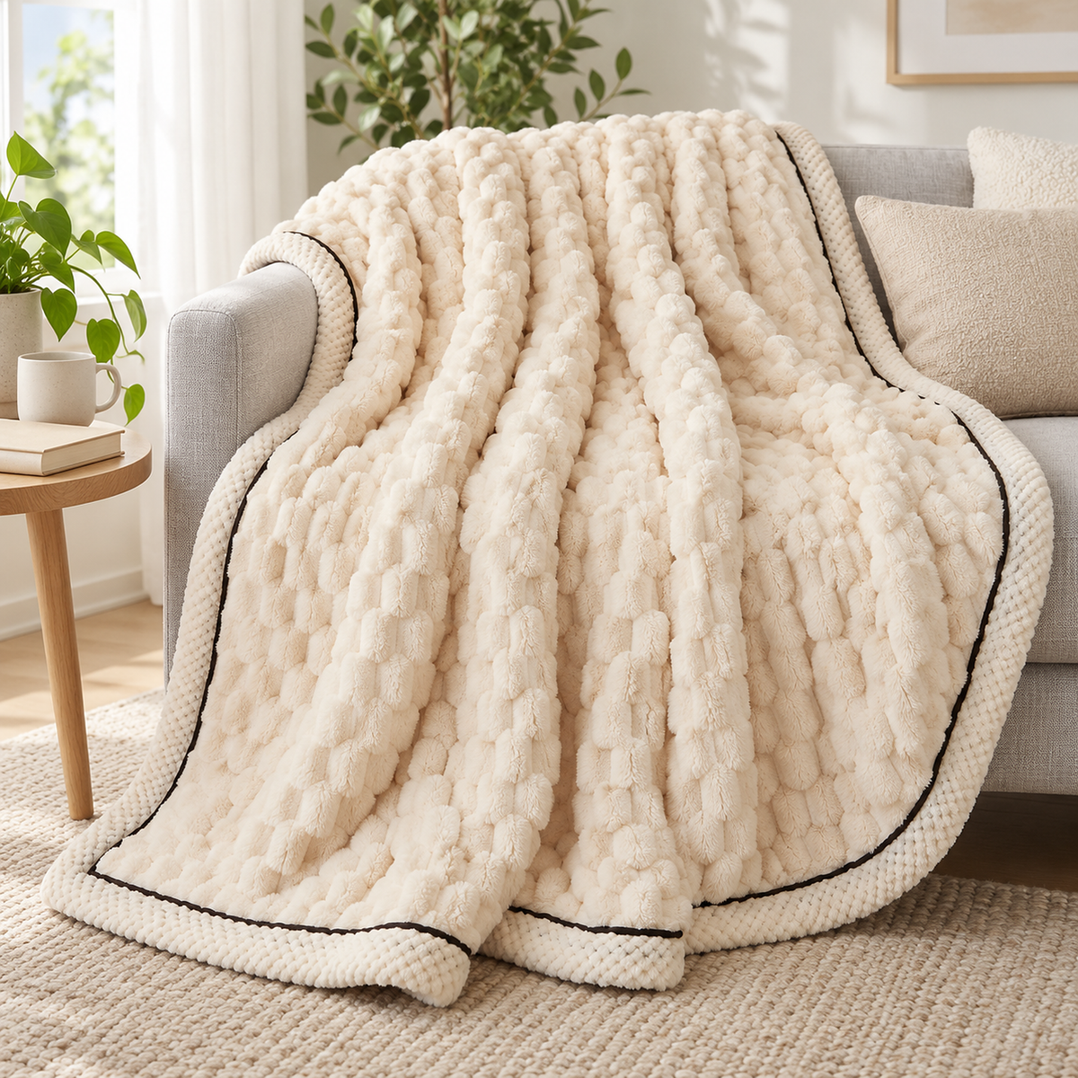 Lemarvo cream throw blanket for couch draped over the arm of a light gray sofa in a living room