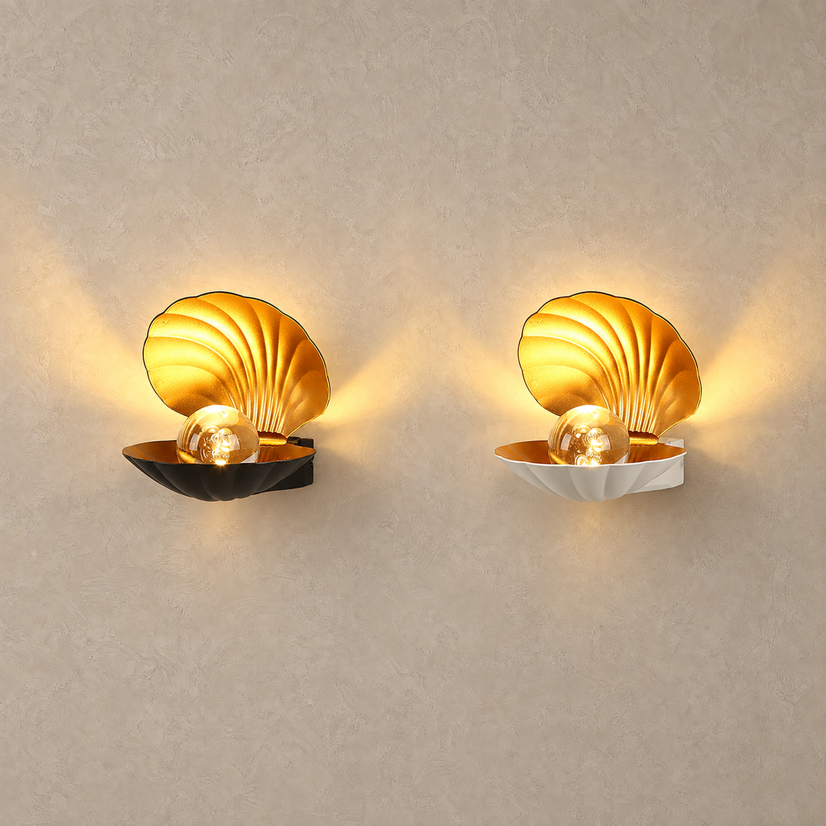 Leravio black and white LED wall sconces lit side by side on a studio plate