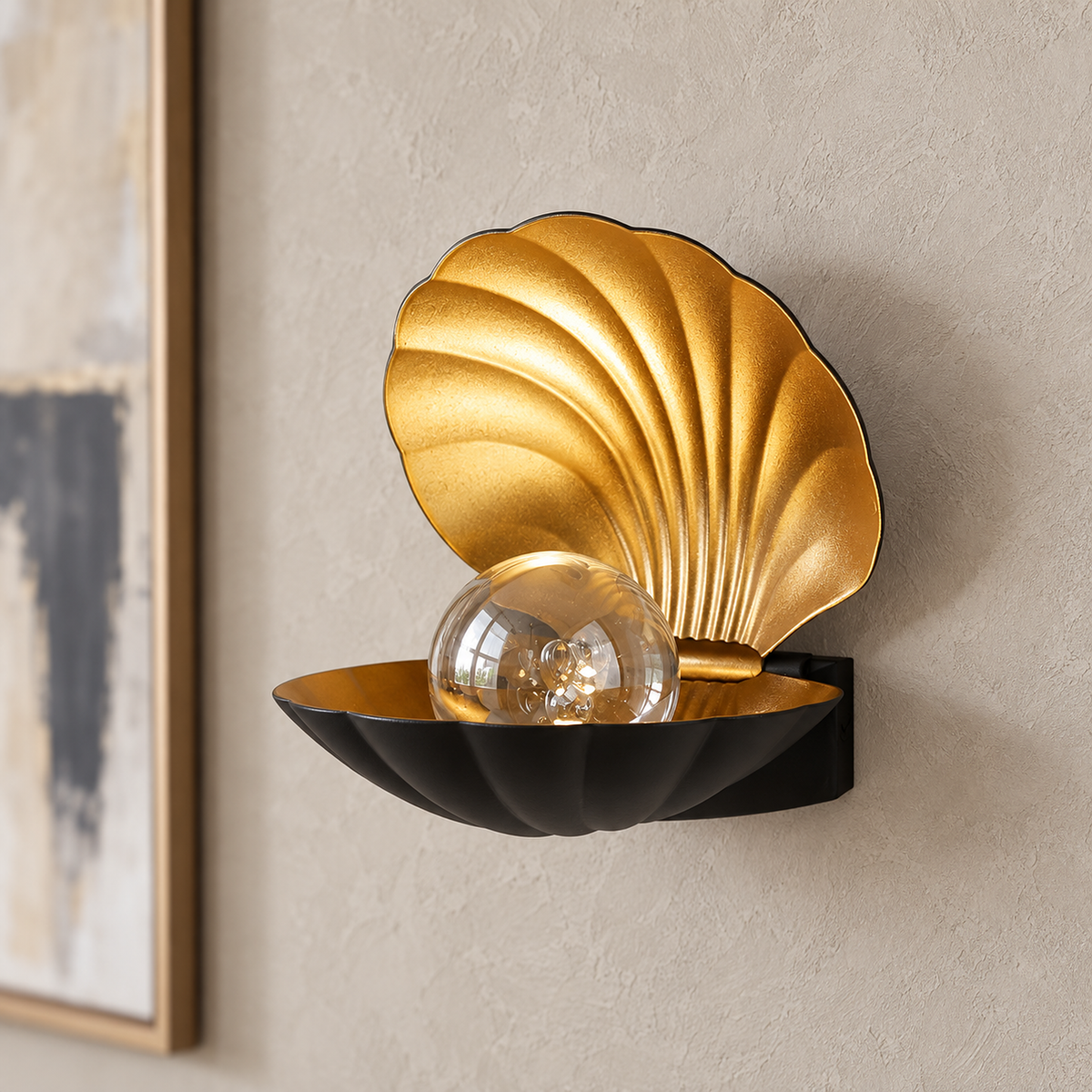 Leravio black LED wall sconce close up on its clear globe and shell finish