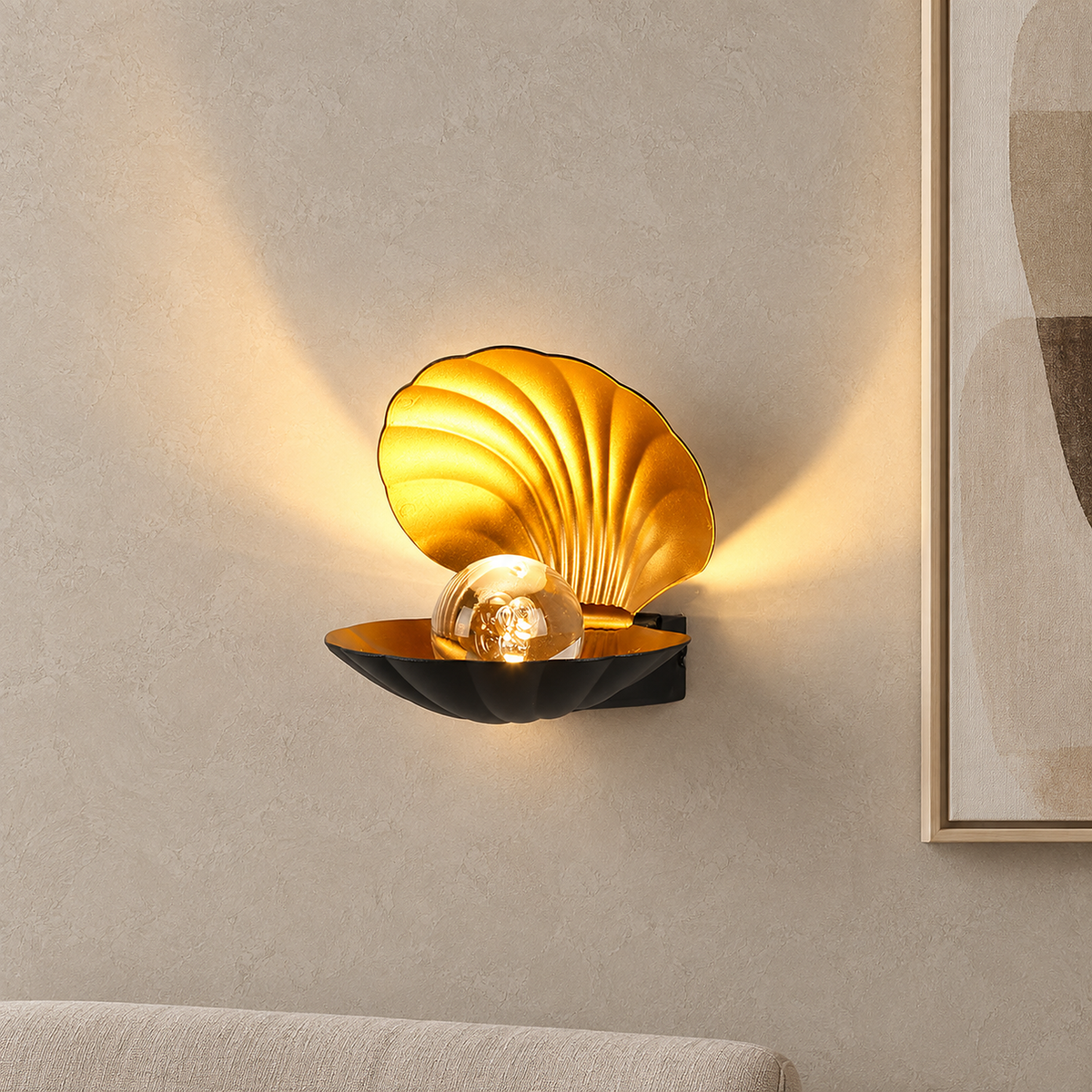 Leravio black LED wall sconce glowing beside dining room artwork in daylight