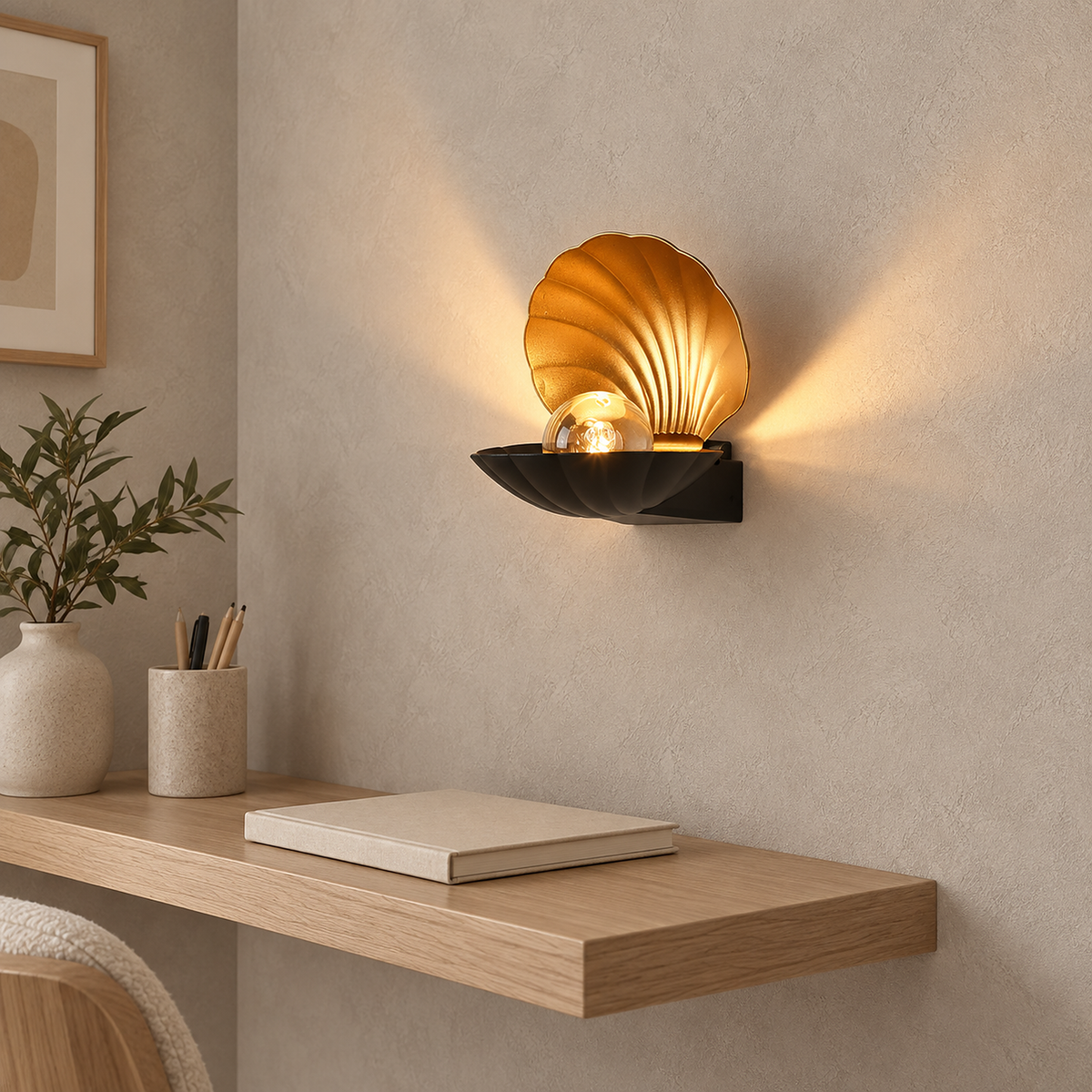 Leravio black LED wall sconce housing and aluminum finish shown against plaster