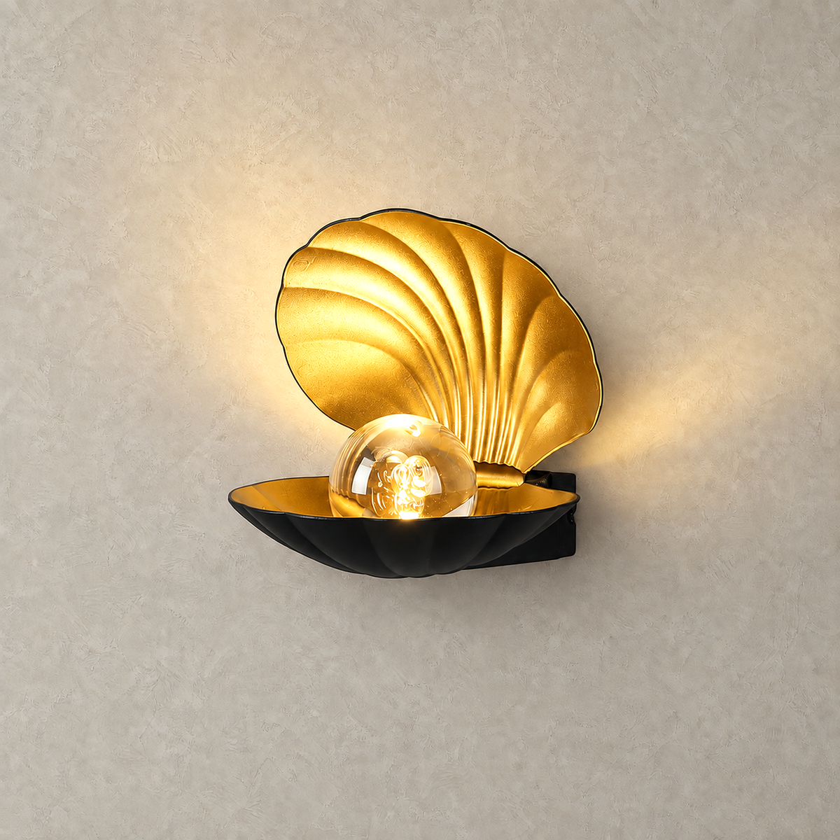 Leravio black LED wall sconce lit against greige plaster on a studio plate