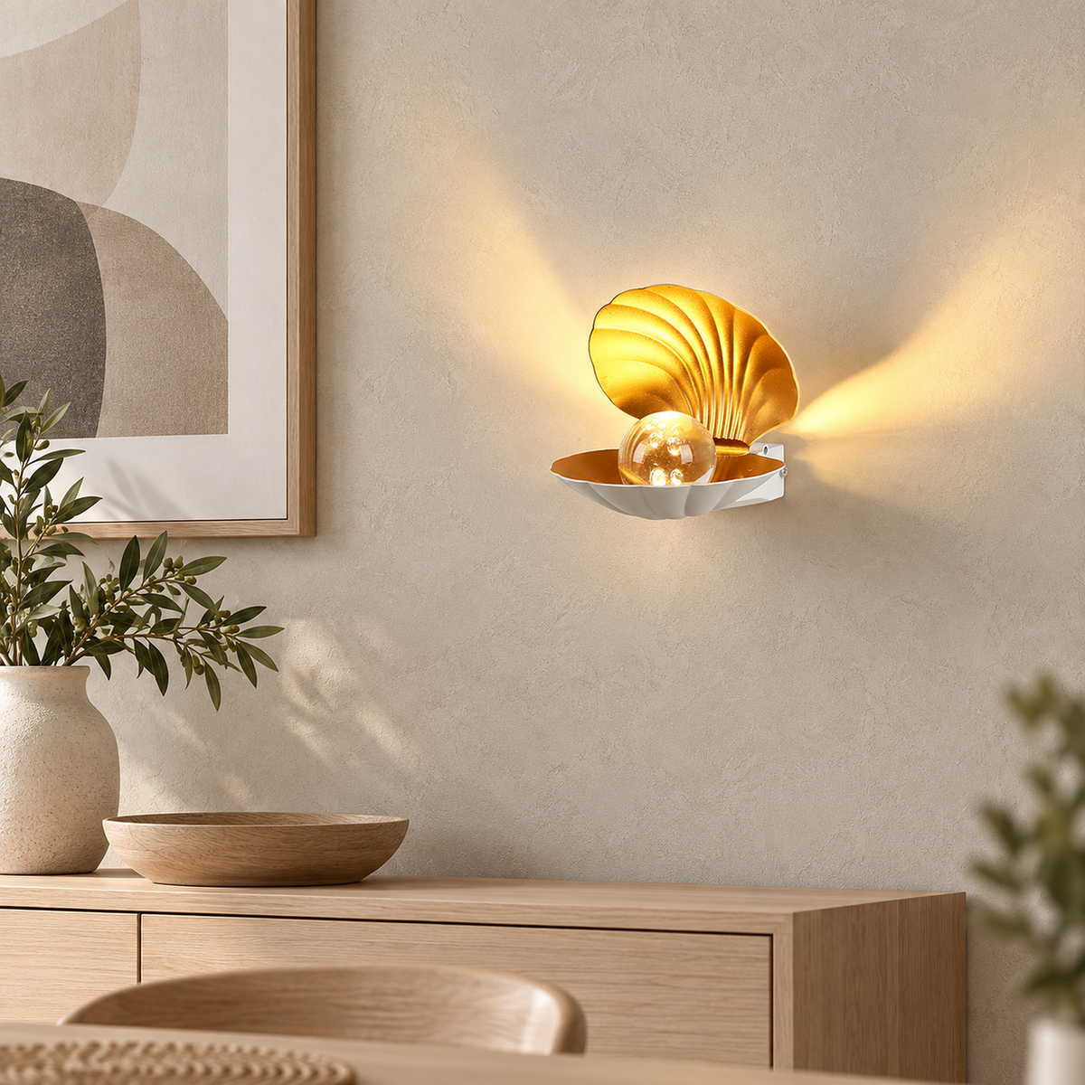 Leravio white LED wall sconce lit beside small dining room artwork in daylight #color_white