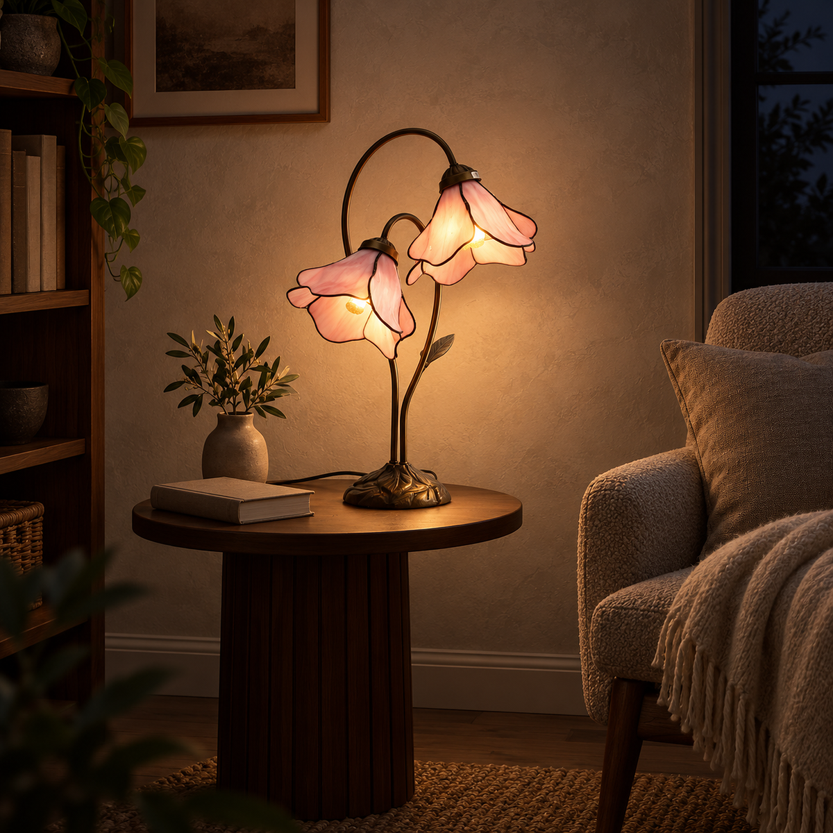 Linavor pink table lamp lit at night, casting pools of light across a quiet library