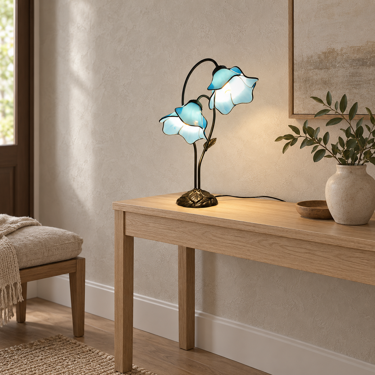 Linavor sky blue table lamp glowing on a console in a daylit entryway #color_sky blue