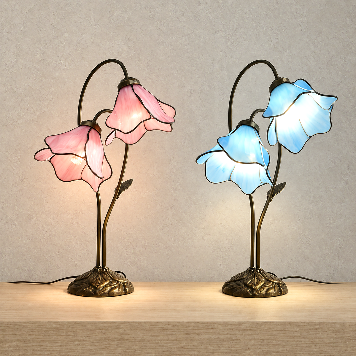 Linavor stained glass table lamp in pink and sky blue, both colors glowing together side by side