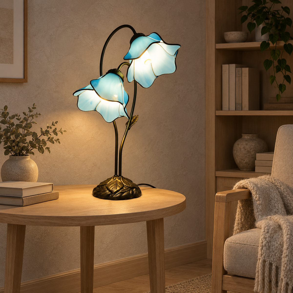 Linavor stained glass table lamp in sky blue, glass flowers glowing beside a library chair #color_sky blue