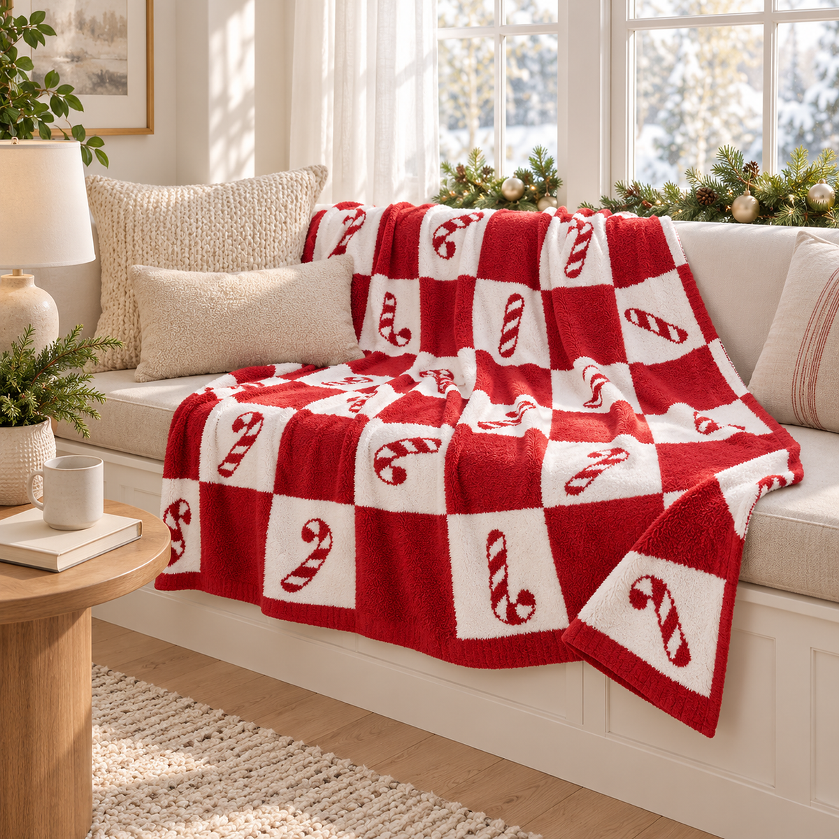 Linesoro red and white checkered Christmas throw blanket with candy cane motifs draped over a cushioned window seat