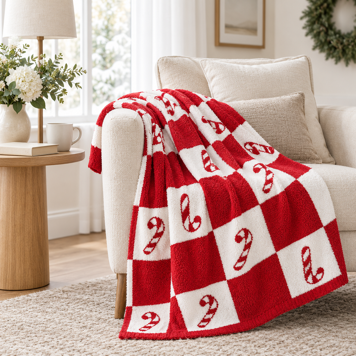Linesoro red and white checkerboard candy cane throw blanket showing its straight outer edge in an entry sitting nook