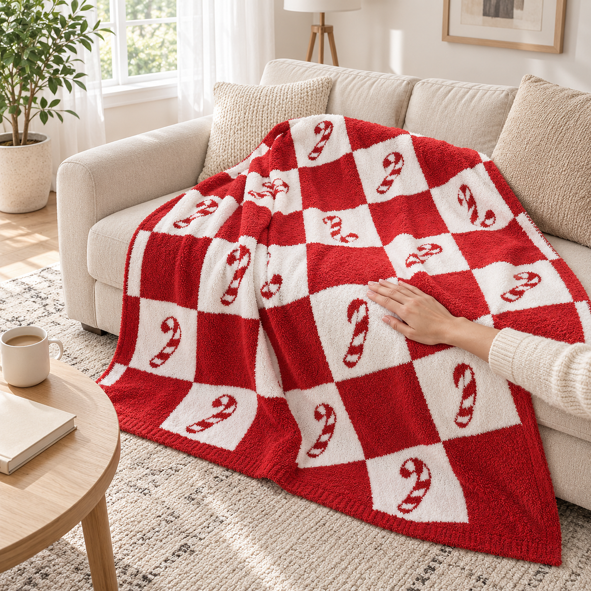 Linesoro red and white checkerboard throw blanket with candy canes and a hand smoothing its fuzzy surface