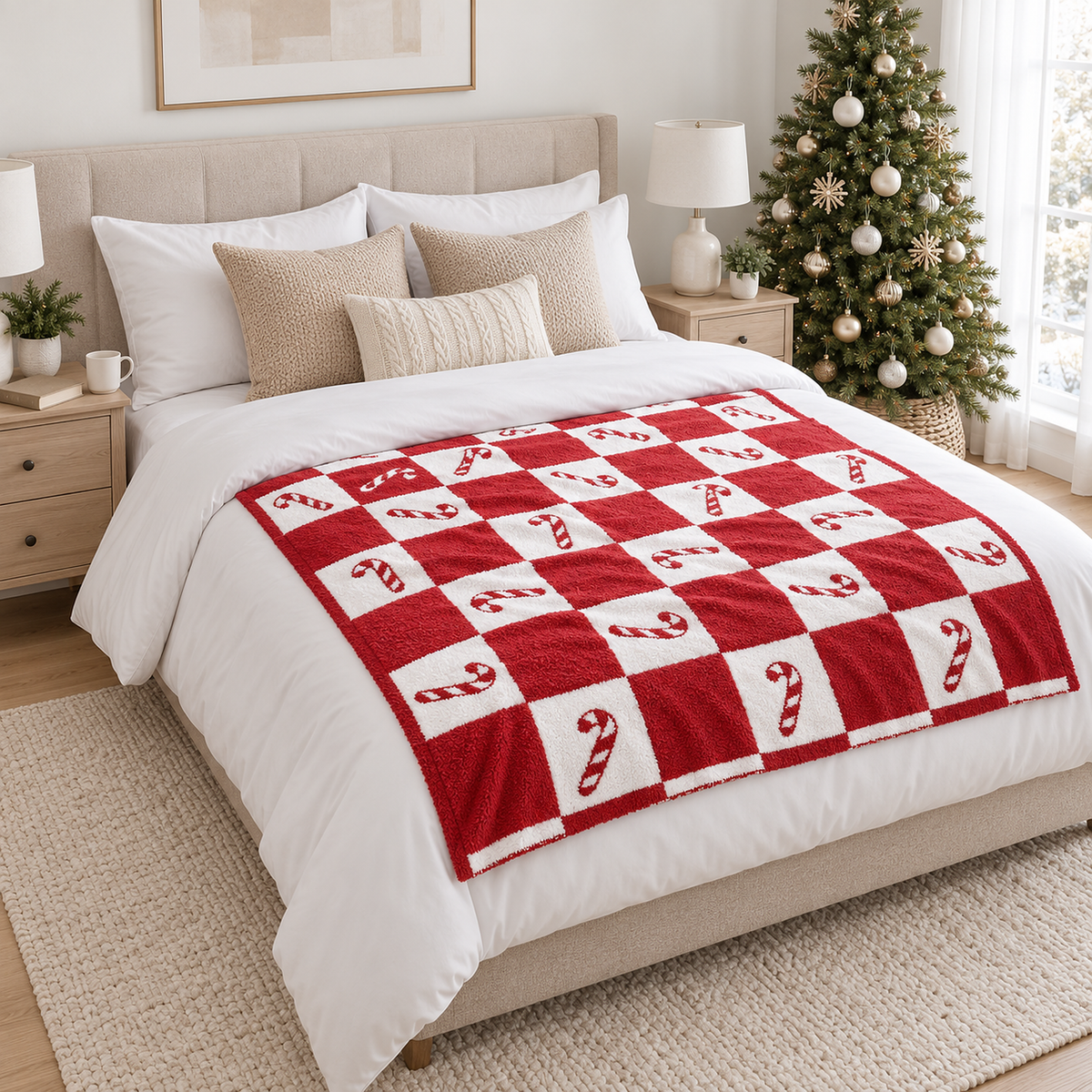 Linesoro red and white checkerboard throw blanket 127 by 152 cm laid open on a made queen bed