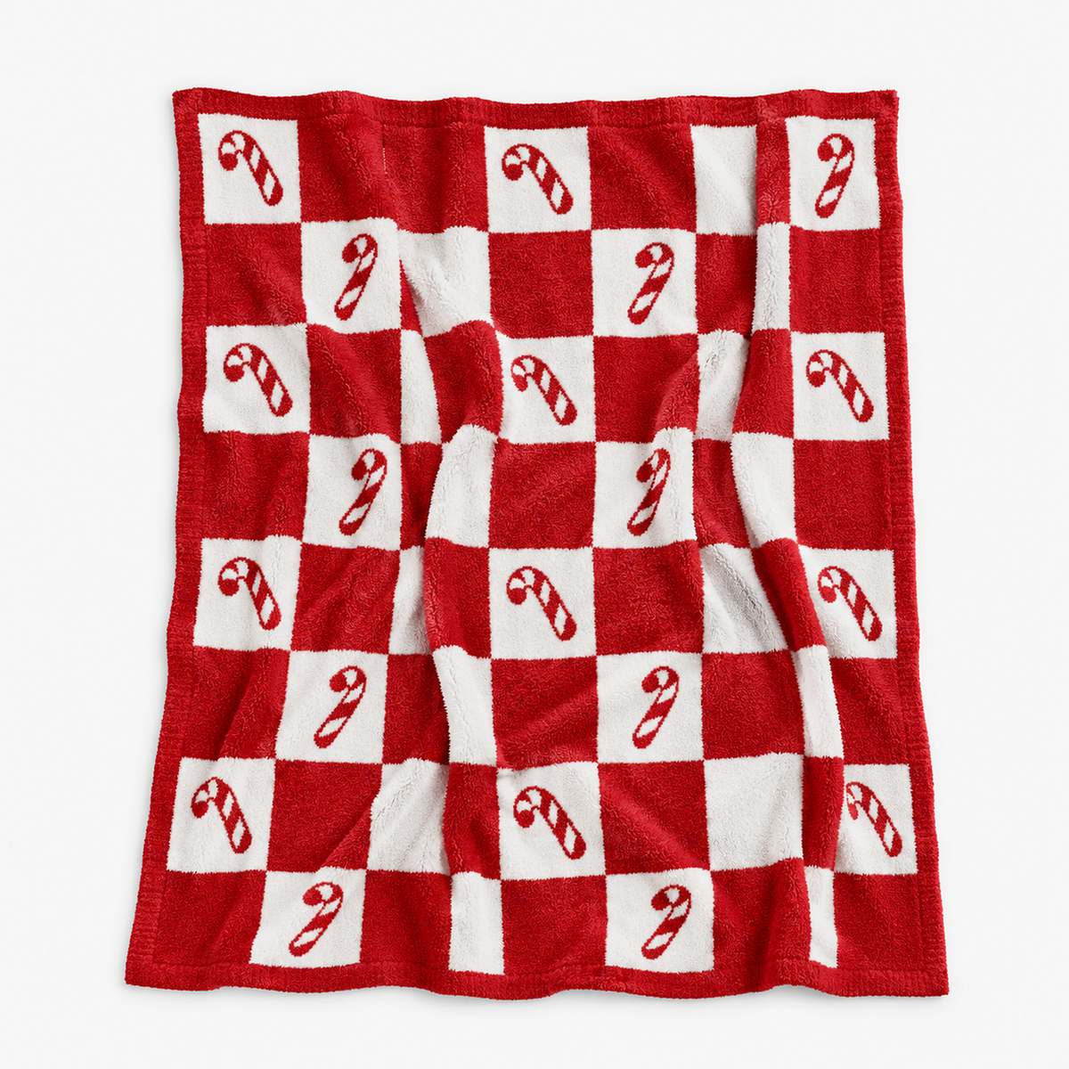 Linesoro christmas throw blanket with striped candy canes on a red and white checkerboard laid open on white
