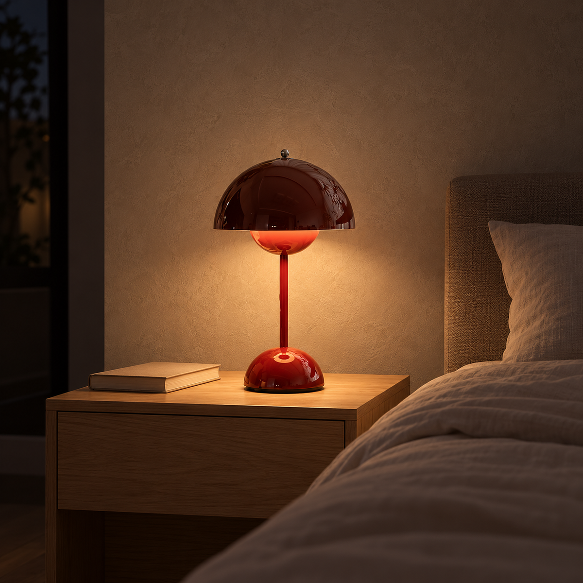 Linoveta red claret battery operated table lamp glowing softly in a bedroom before sleep