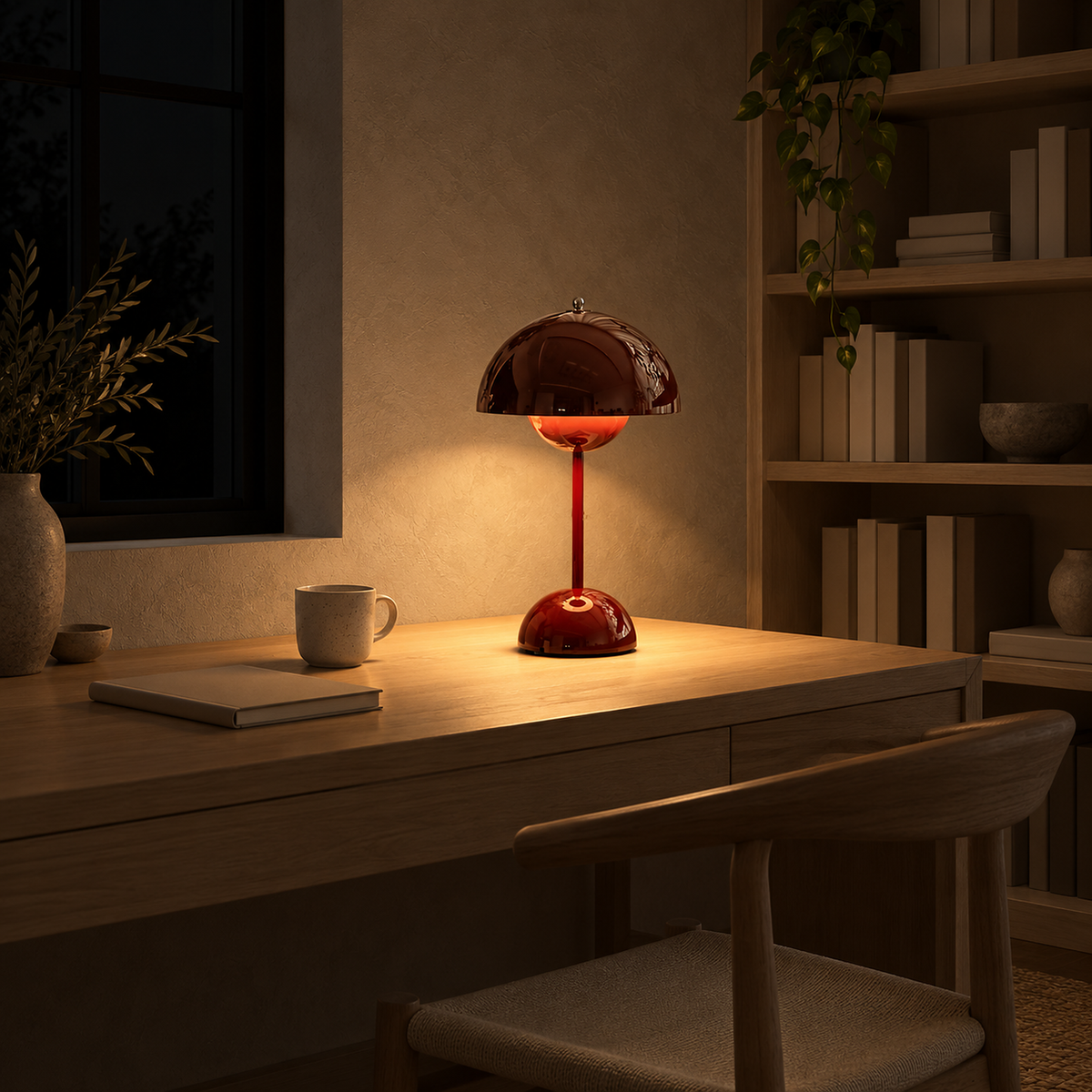 Linoveta red claret cordless table lamp lighting an evening desk in a library at night