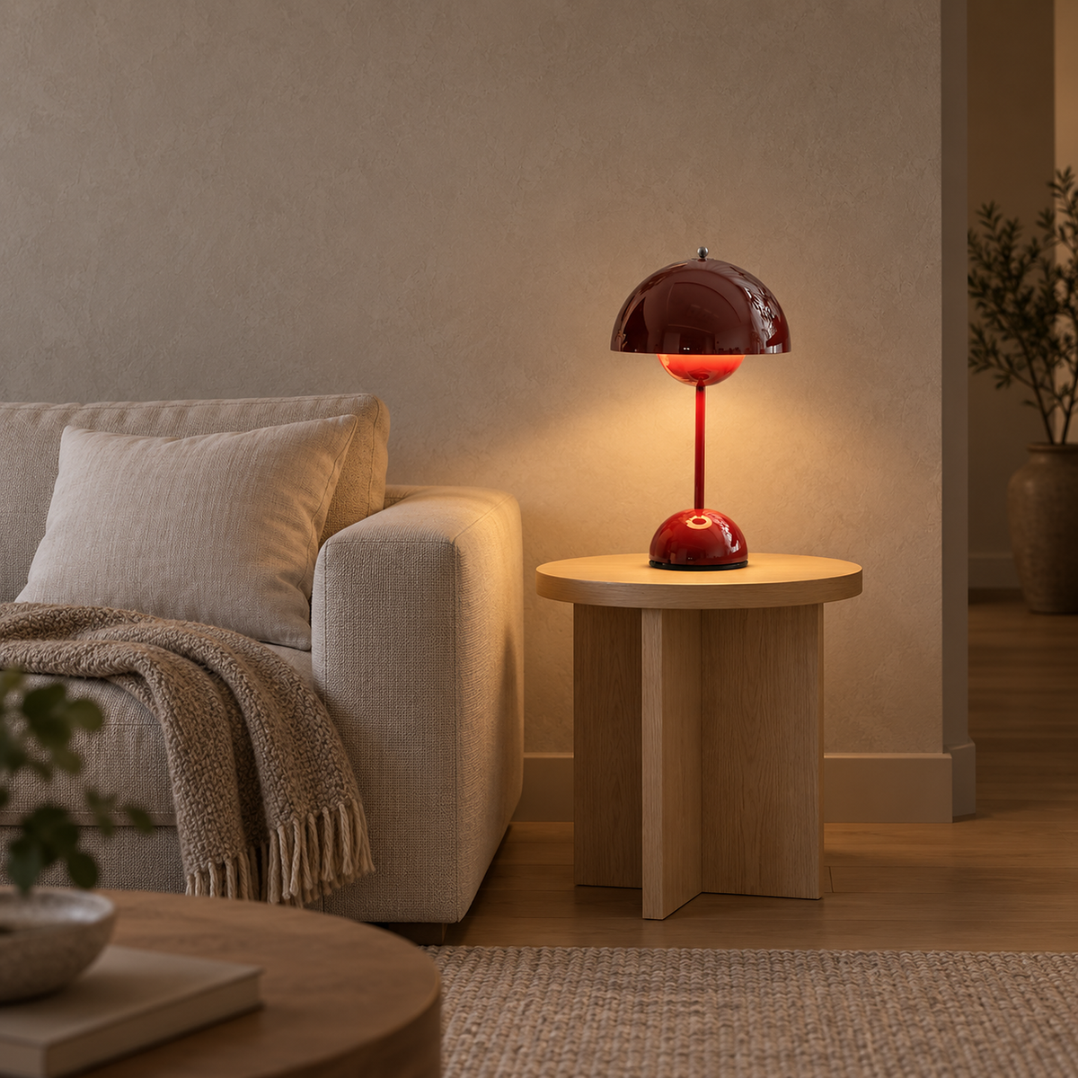 Linoveta red claret portable table lamp glowing beside the sofa in a living room