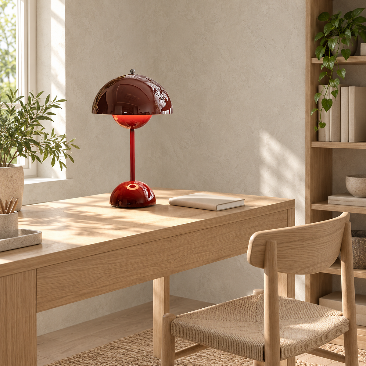 Linoveta red claret portable table lamp switched off on a sunlit library writing desk