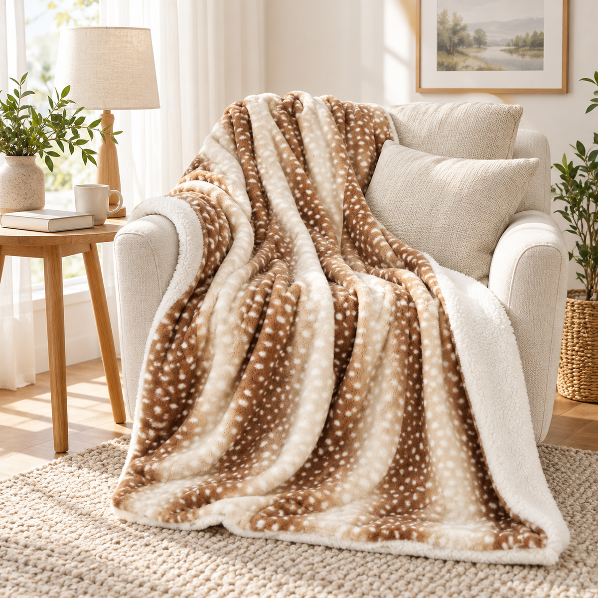 Linsavo brown throw blanket draped open for reading over an armchair in a bright furnished reading corner