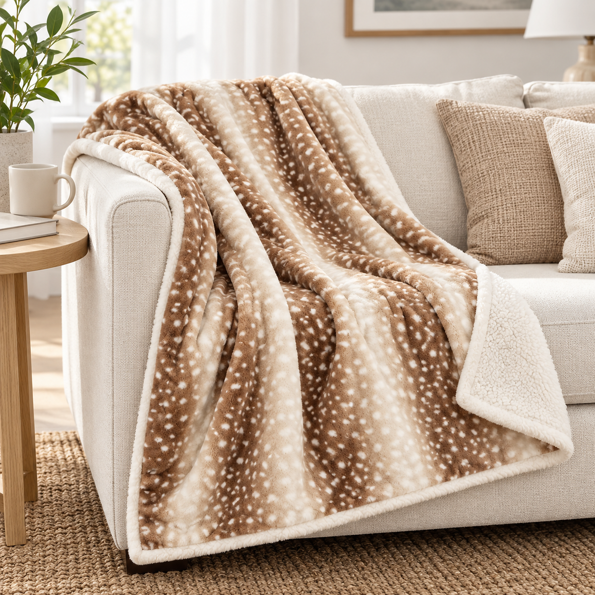 Linsavo brown throw blanket for couch draped over the arm of an ivory sofa in a living room