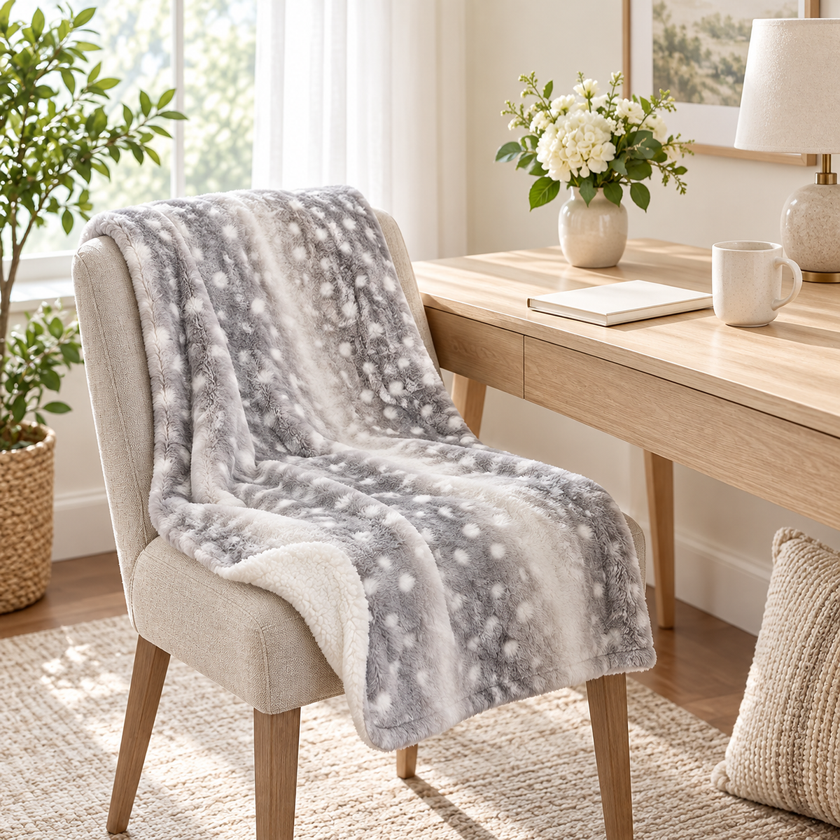 Linsavo gray plush throw blanket ready as a lap blanket on a pulled out writing chair #color_gray