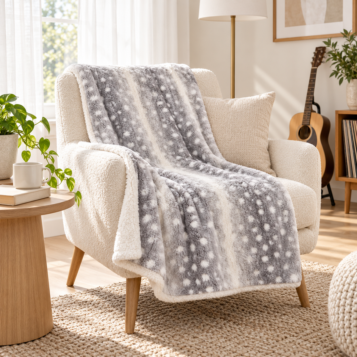 Linsavo gray soft throw blanket draped open on an ivory chair in a quiet music corner #color_gray