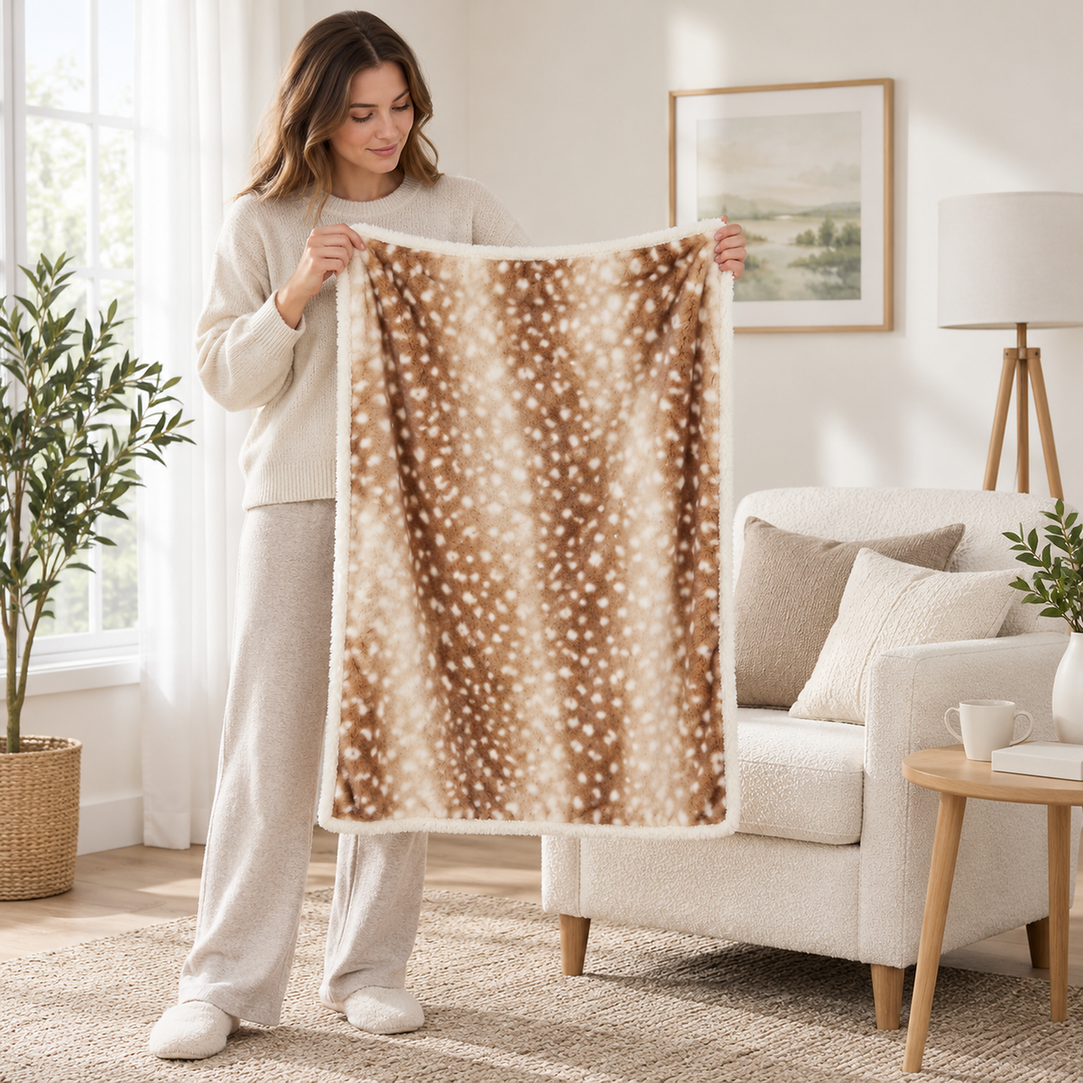 Linsavo small brown spotted throw blanket held fully open by an adult in a daylight media snug