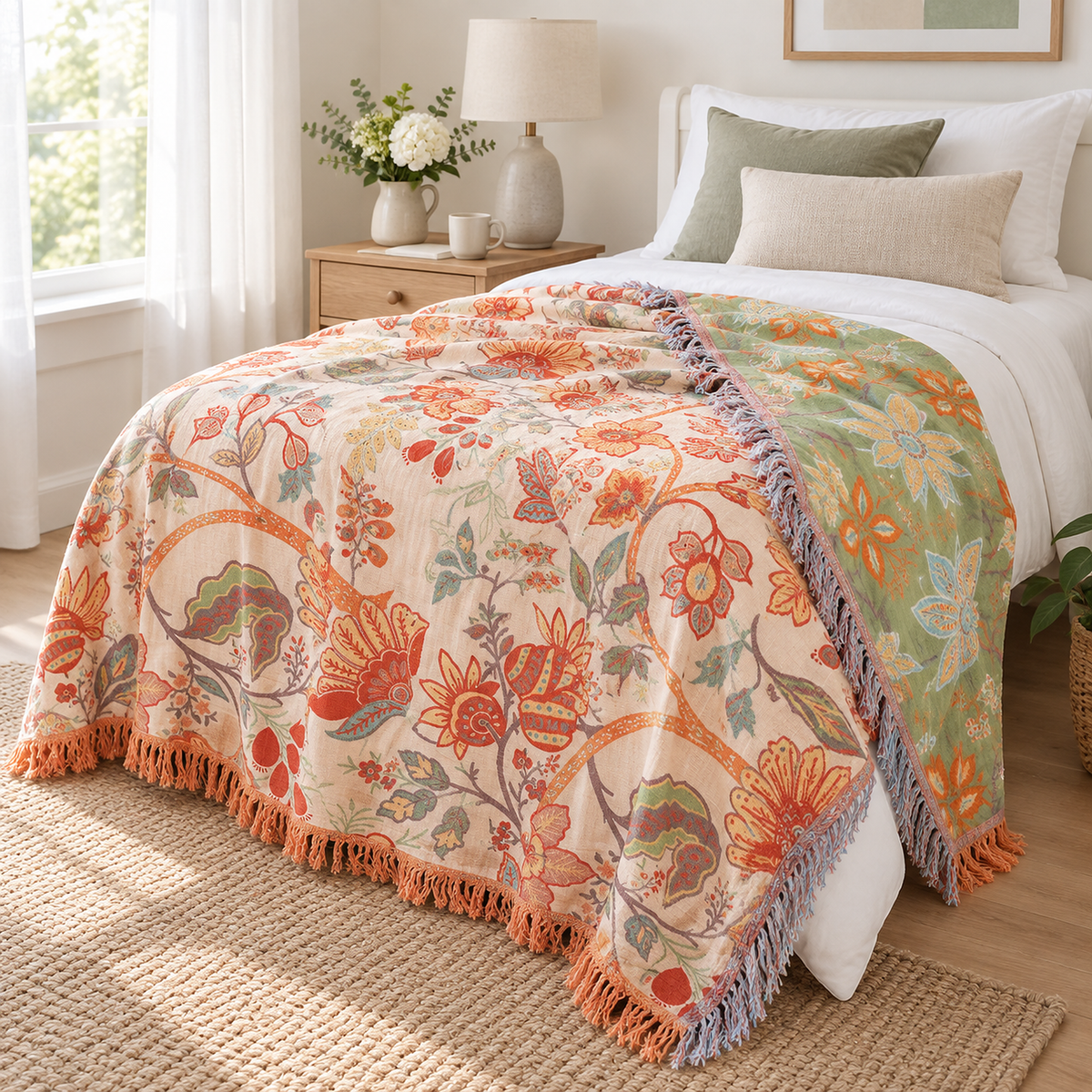 Lirassa cream and orange cotton throw blanket with a corner turned to show the tassel fringe and its reverse side