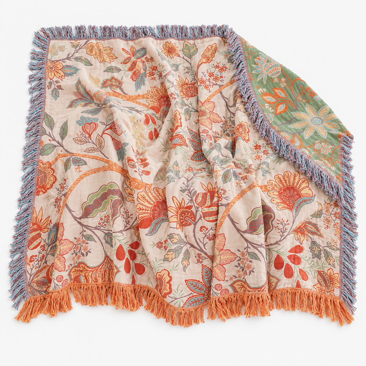 Lirassa cream and orange floral cotton muslin blanket laid fully open on a plain white background