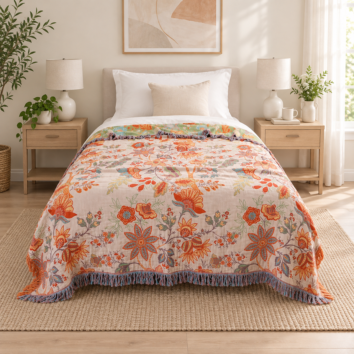 Lirassa cream and orange floral throw blanket spread on a twin bed with an even overhang on each side