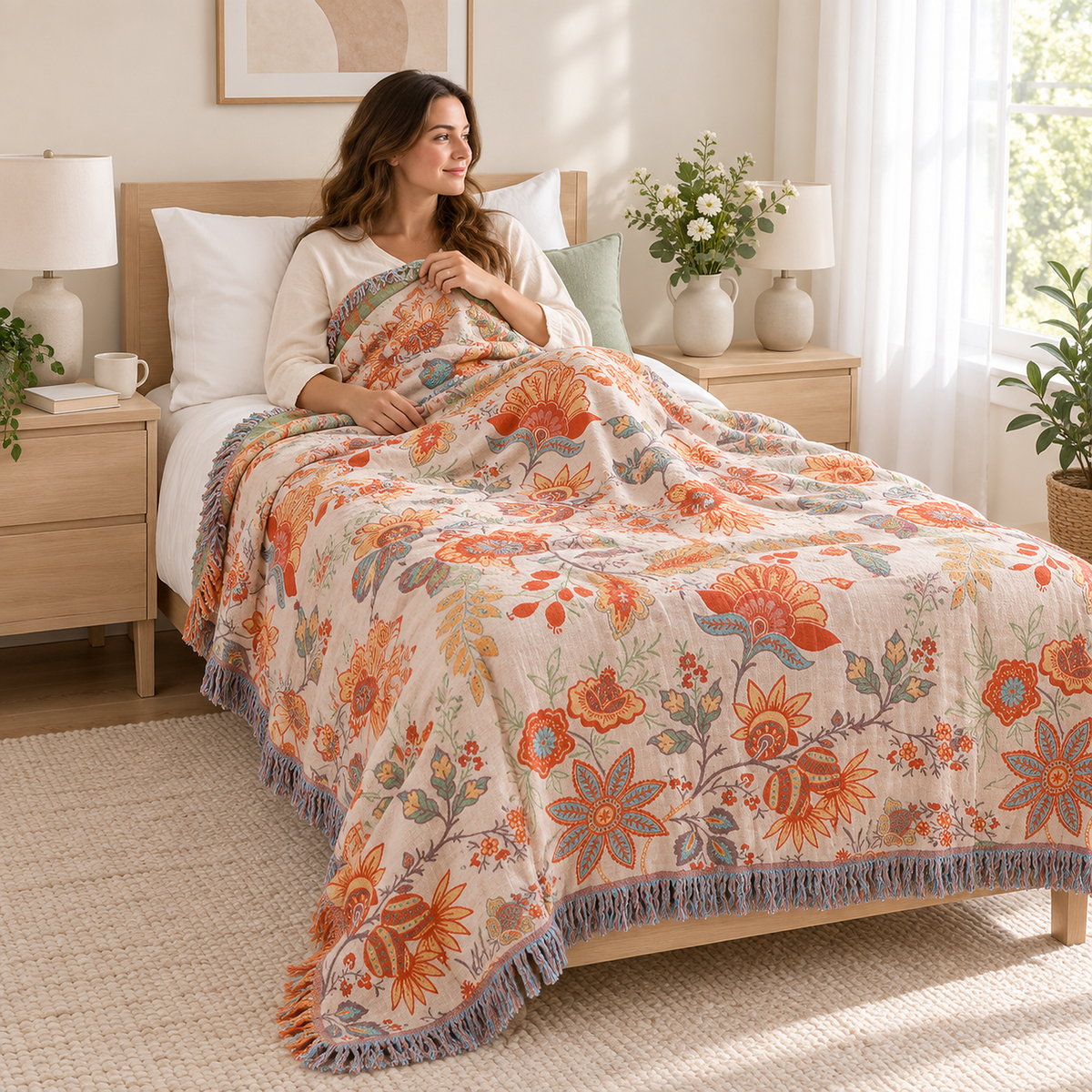 Lirassa cream and orange throw blanket covering an adult resting in a bright attic twin bedroom