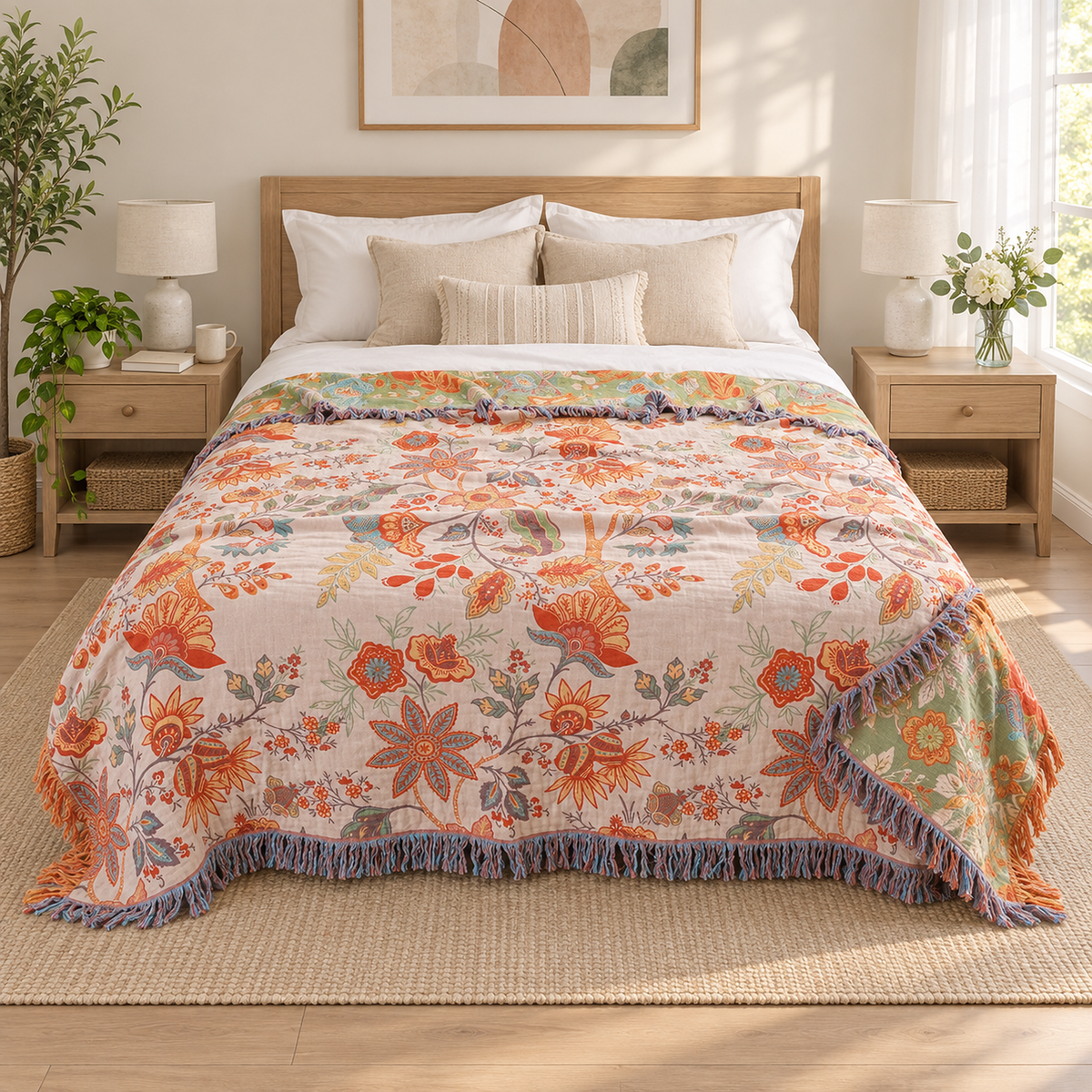 Lirassa cream and orange throw blanket of cotton muslin falling over the sides of a bed in a bright guest bedroom