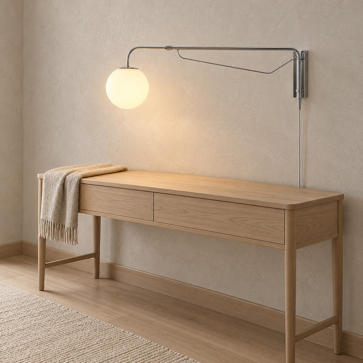 Lirelso chrome and white plug in wall sconce with its plug cord and switch running down an entryway wall