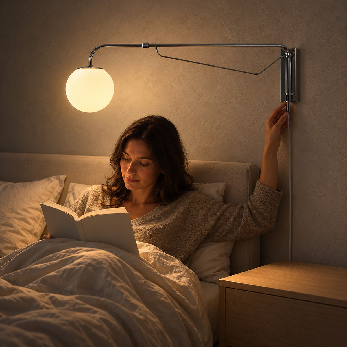 Lirelso chrome and white wall lamp lighting bedside reading at night in a guest sleeping alcove