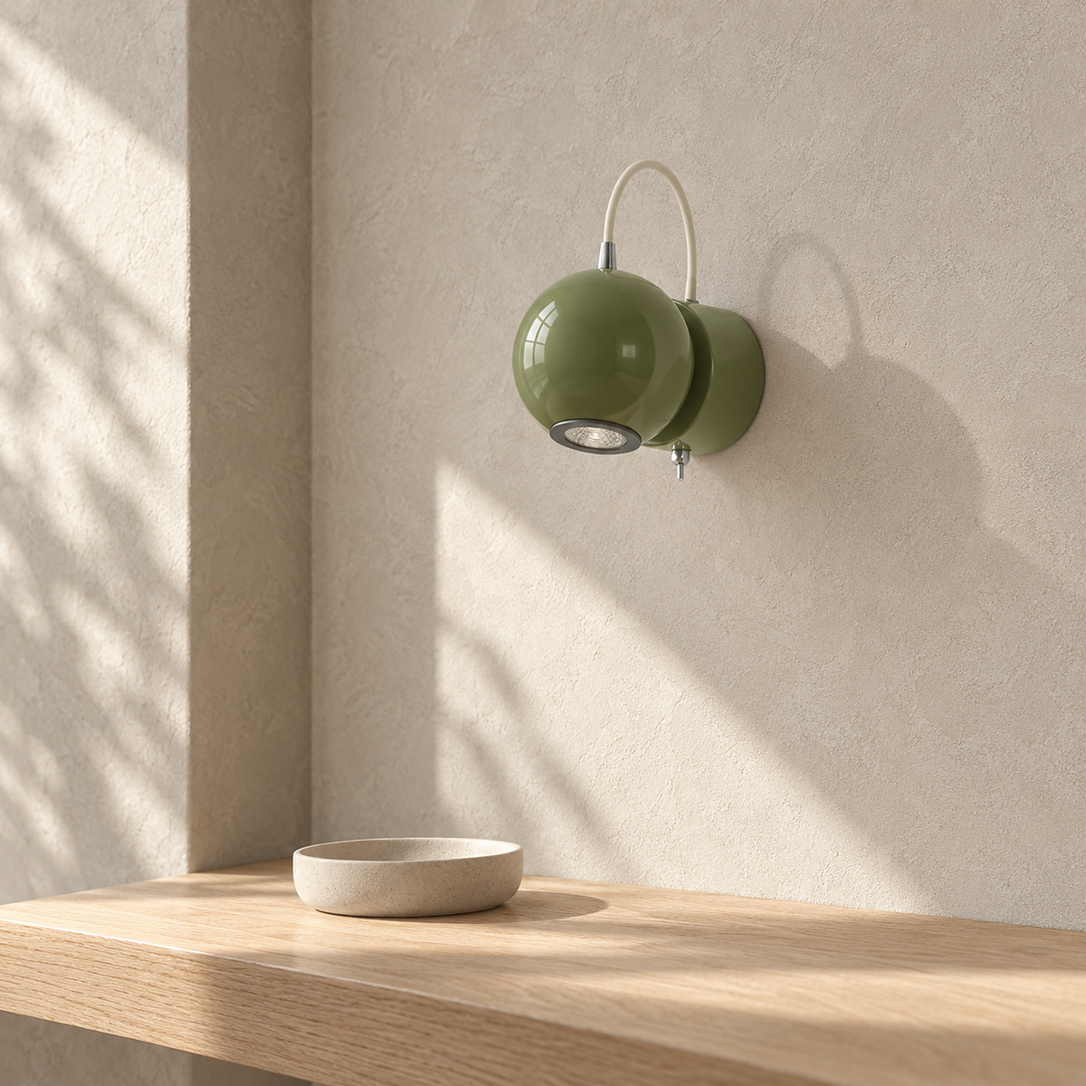 Lirema green hardwired wall light mounted cleanly on a dressing nook wall in daylight