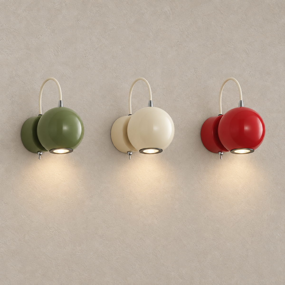 Lirema wall sconce in green, off white and red, all three colors switched on side by side