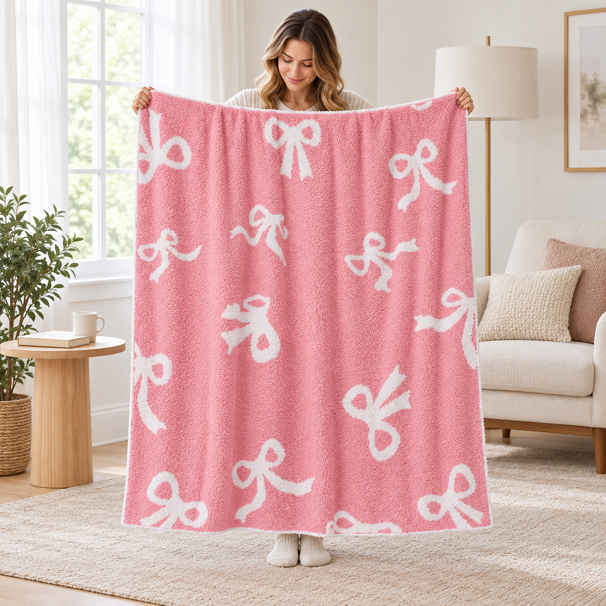 Lirevan pink and white bow fleece throw blanket held fully open upright in a library nook to show its size