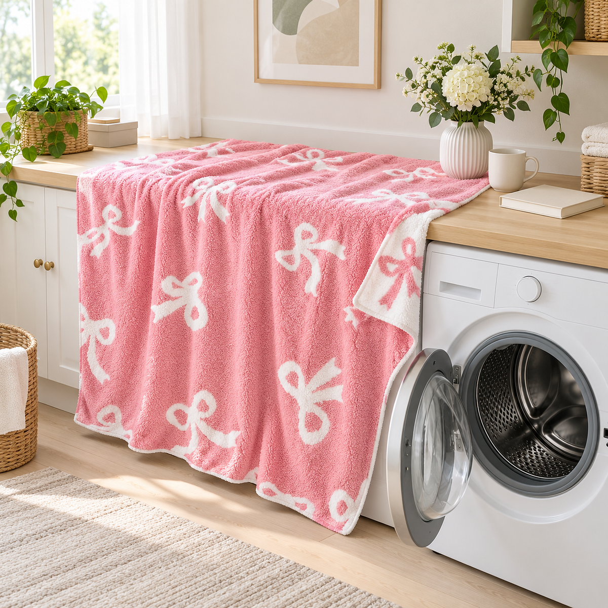 Lirevan pink and white bow fleece throw blanket ready to machine wash beside an open washer in a utility room