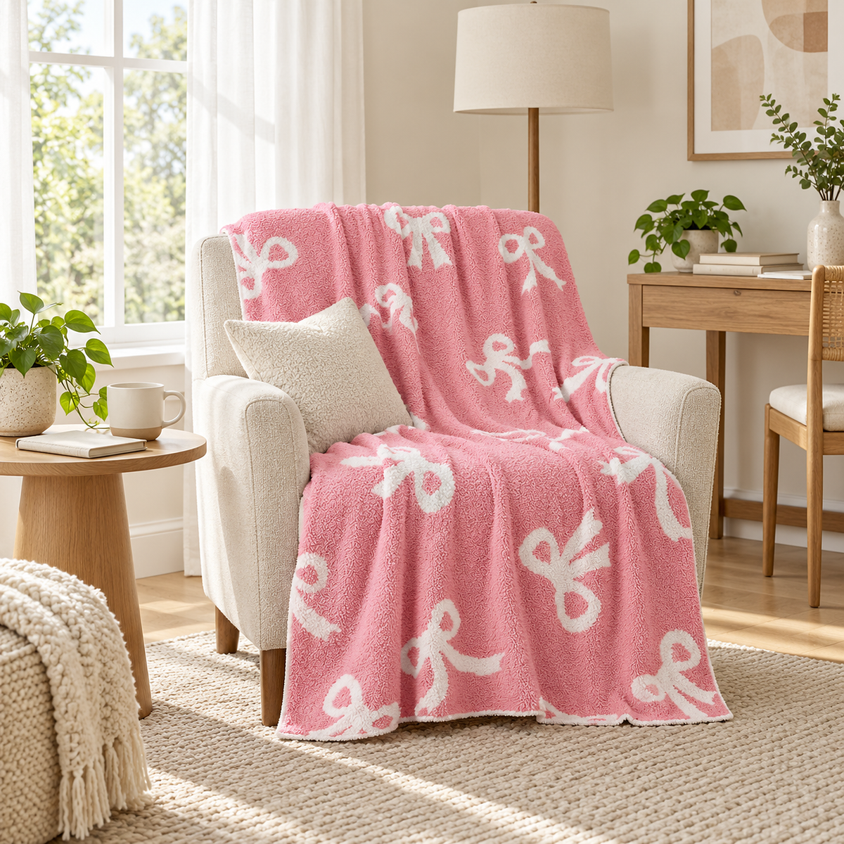 Lirevan pink bow plush throw blanket with white bows draped over a cream armchair beside a window.