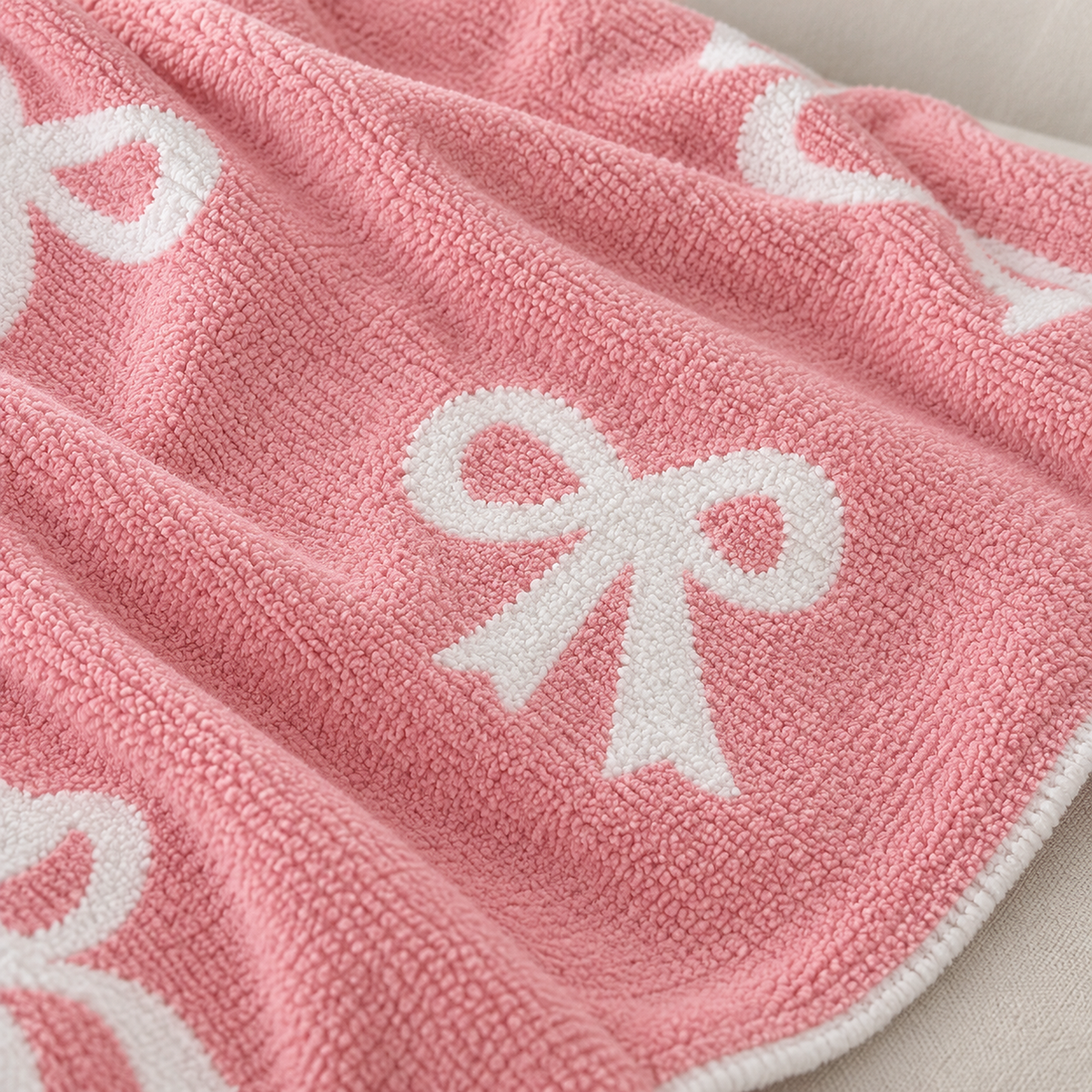 Lirevan plush throw blanket close up of a white ribbon bow on pink fleece