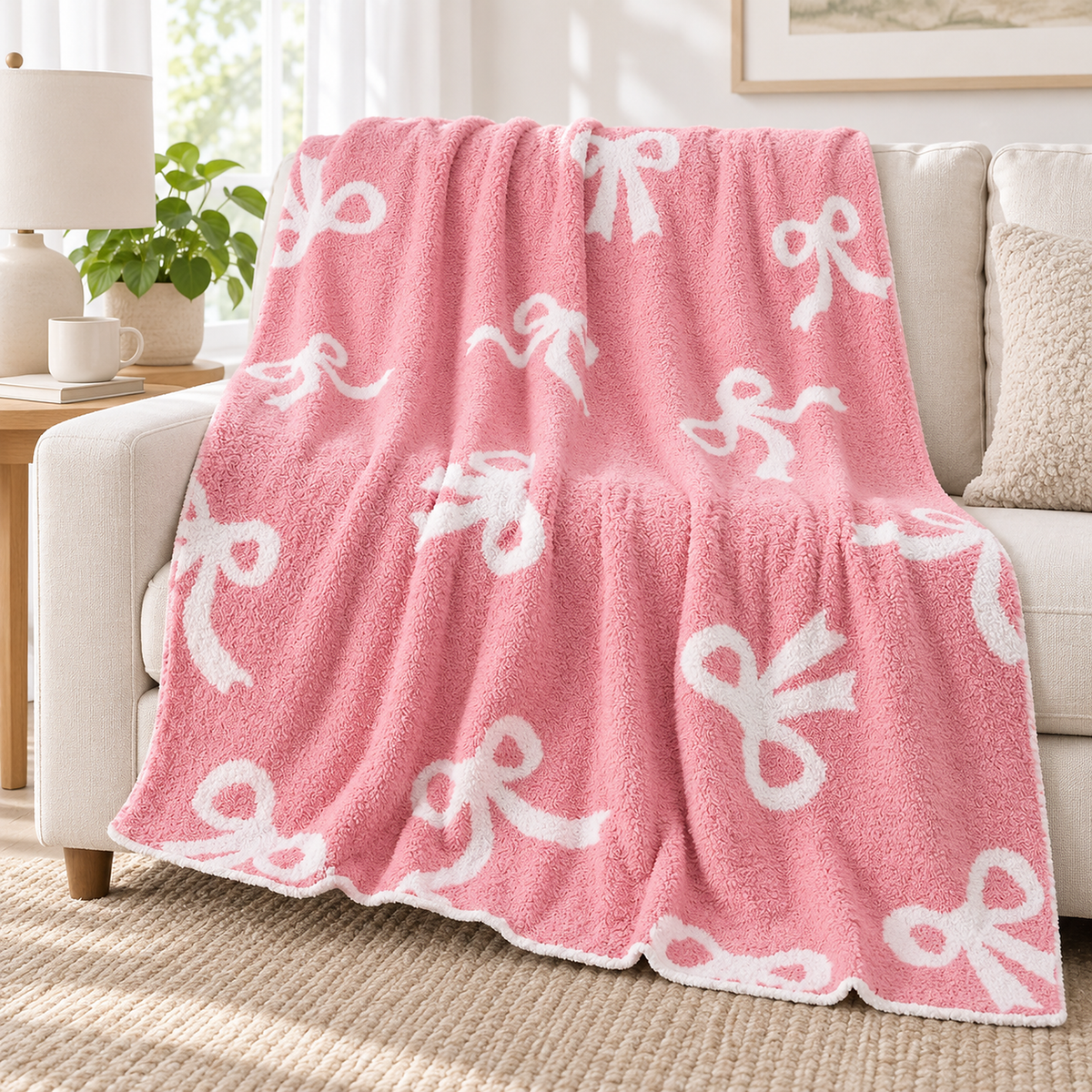 Lirevan pink and white bow throw blanket for couch draped open over an ivory sofa in a bright living room